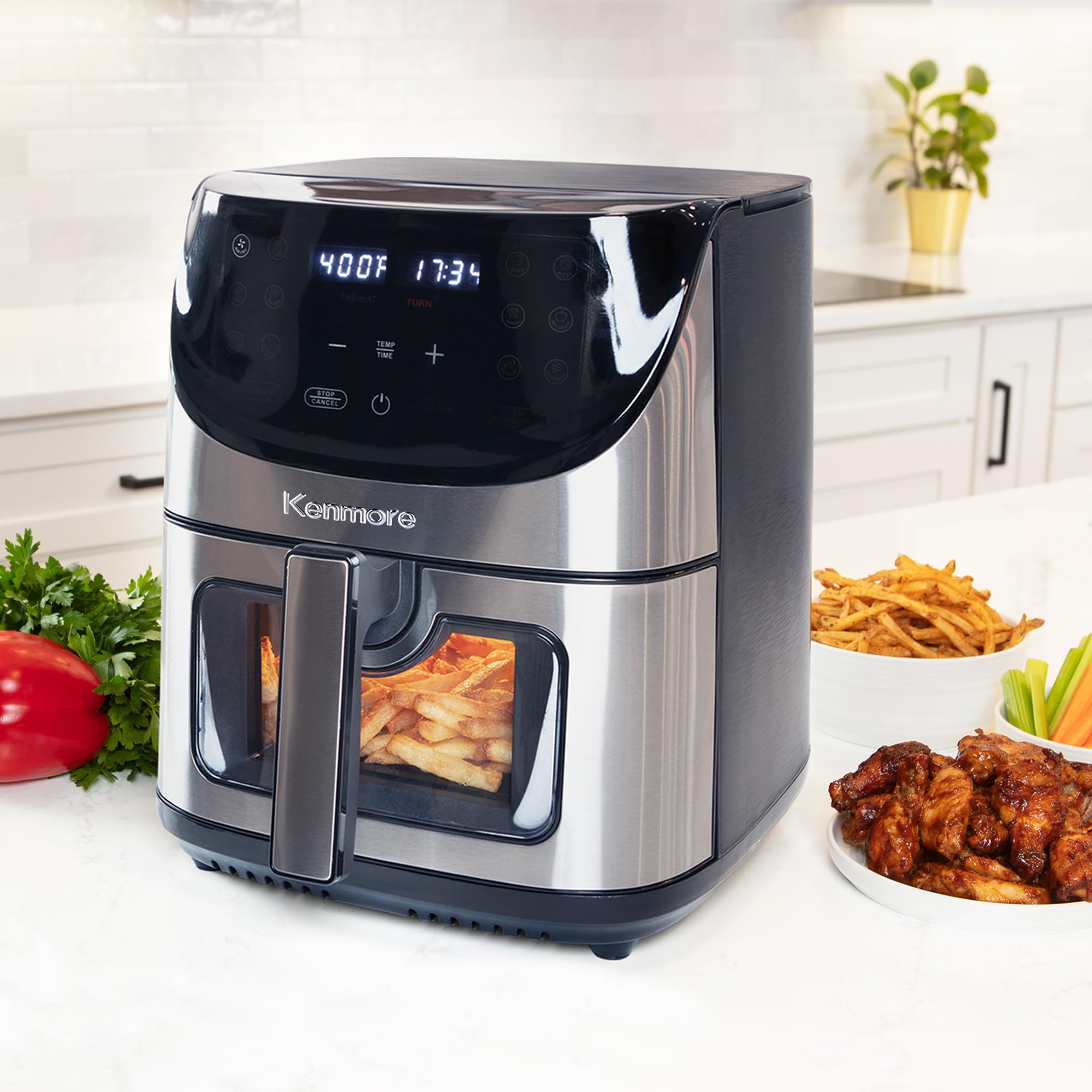 Kenmore 8 Quart Digital Air Fryer with Non-Stick Basket - 12 Preset Cooking Functions, Touch Screen Controls for French Fries, Chicken & More | Compact Countertop Kitchen Appliance for Healthy Frying, Baking & Roasting | Perfect for Family Dinners, Parties & Quick Meals | Stainless Steel Black Design