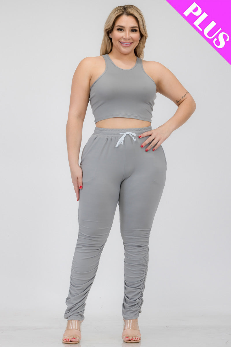 Plus Size Crop Tank Top & Ruched Pants Set - Women's Chic Workout Outfit for Yoga, Gym & Lounge Wear