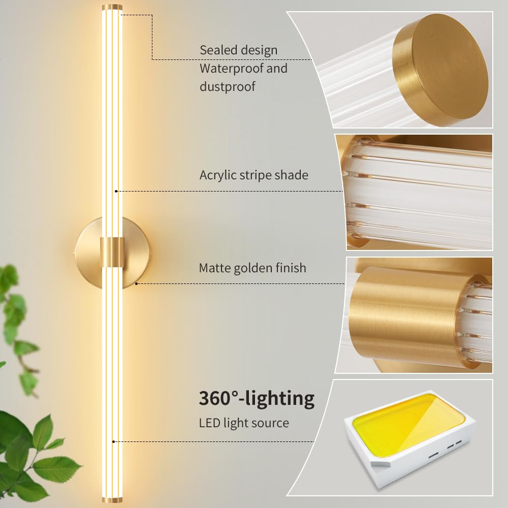 Dimmable LED Bathroom Vanity Light Fixtures - 30 Inch Gold Modern Wall Sconce, 360° Full Lighting for Mirror, Warm White Adjustable Brightness - Perfect for Bathroom, Bedroom & Living Room Vanity Makeup Area