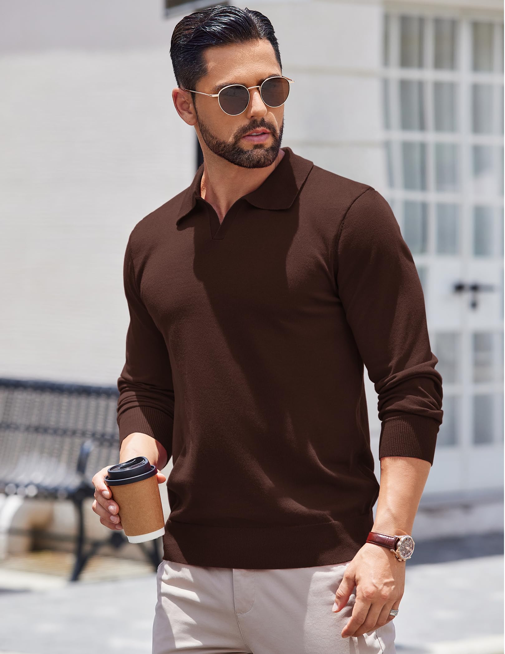 COOFANDY Men's Lightweight Ribbed Knit Polo Sweater - Long Sleeve Pullover Shirt for Casual Wear & Office Outfits