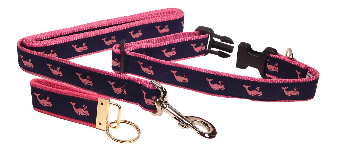 **Preston Pink Whale Print Navy Blue Dog Collar and Leash Set for Medium & Large Dogs - Free Matching Key Ring (X-Large, 1.25