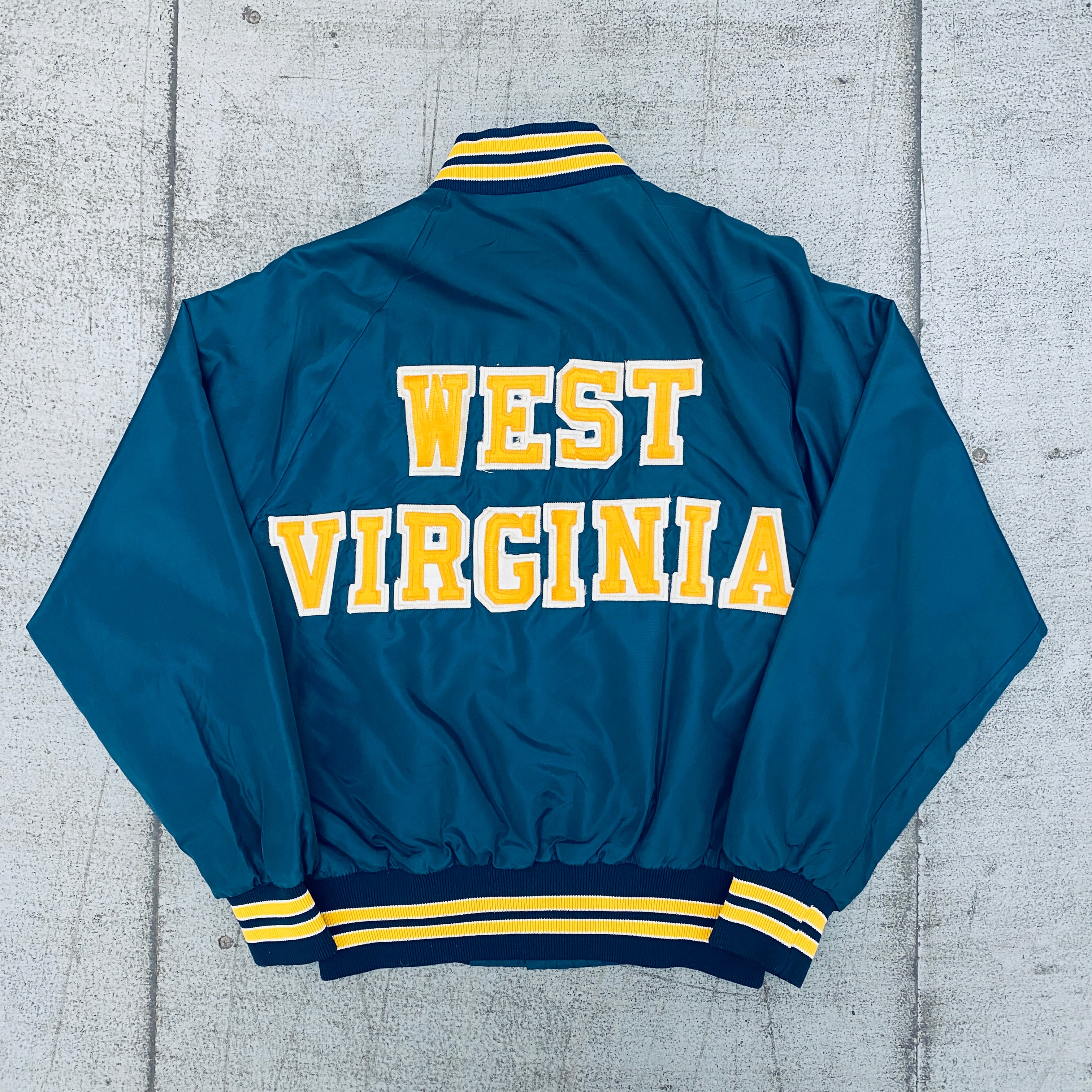 Vintage 1980s West Virginia Mountaineers Reverse Spellout Satin Bomber Jacket - Size S | Retro College Sports Apparel for Fans & Collectors | Perfect for Game Day, Tailgating, and Nostalgic Fashion