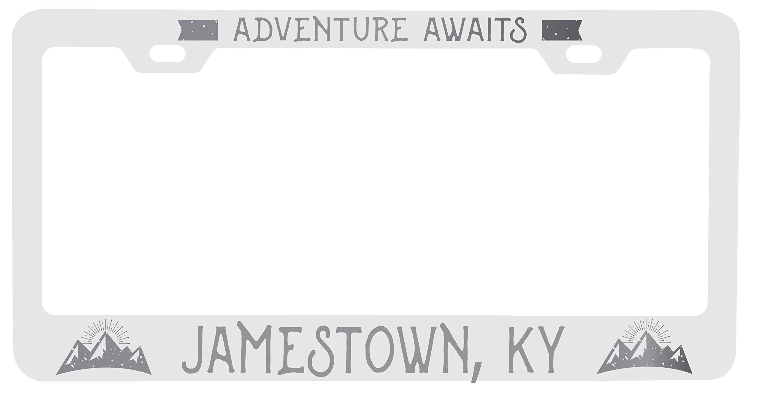 Jamestown Kentucky Laser Engraved Metal License Plate Frame - 'Adventures Await' Custom Design for Cars & Trucks - Perfect for Road Trips & Travel Gifts