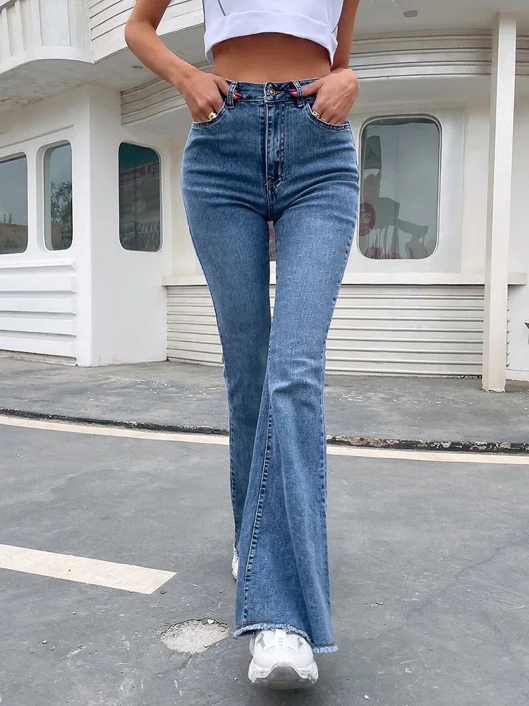Benuynffy Women's High Waist Button Fly Raw Hem Flare Jeans - Slim Fit Full Length Denim Pants for Autumn Fashion | Perfect for Casual Outings, Date Nights & Office Wear