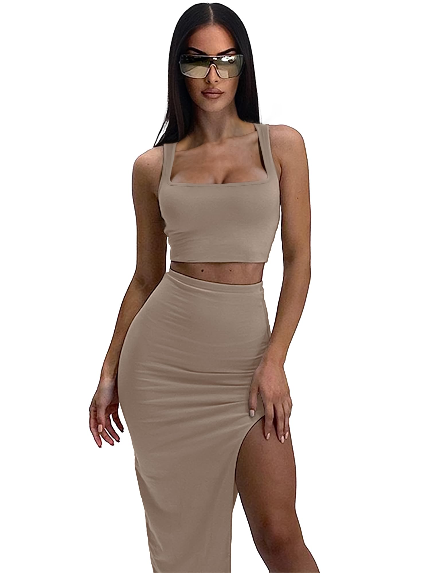ELLEVEN Women's Two Piece Maxi Skirt Set with Square Neck Tank Top & High Side Slit Dress - Summer Outfits for Beach, Vacation & Casual Wear