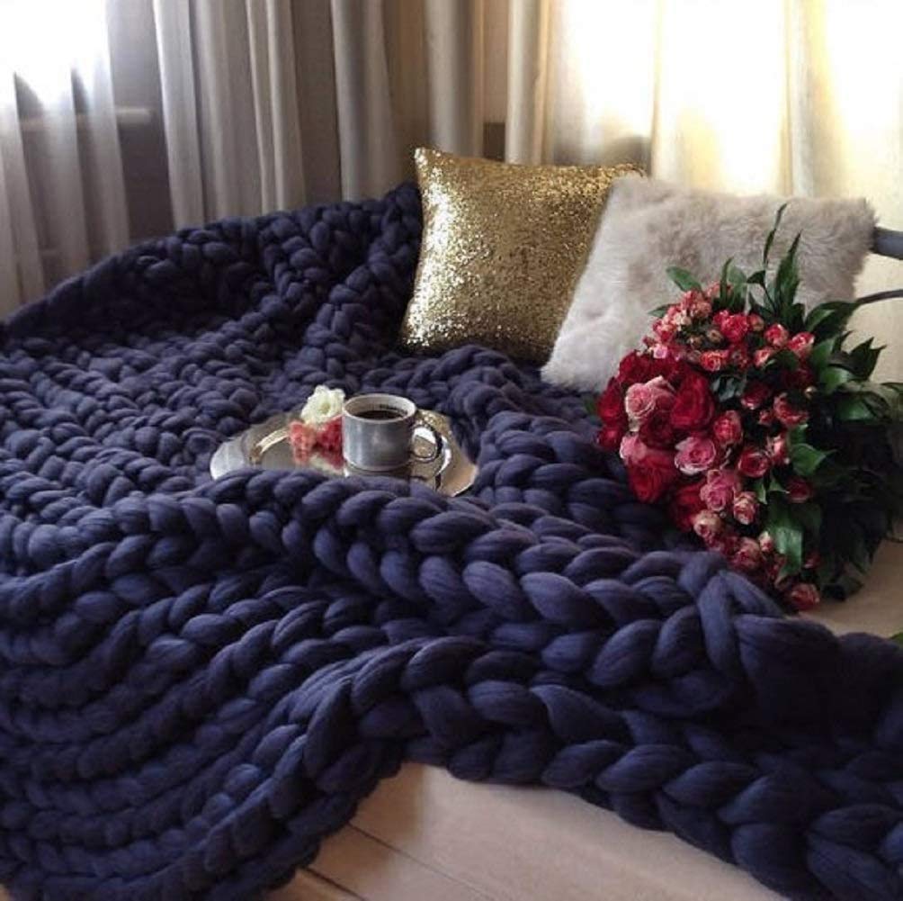 Handwoven Chunky Knit Oversized Throw Blanket - 71×80in (180×200cm) Navy Blue - Cozy Sofa Blanket, Chair Cover, Baby & Pet Mat - Perfect Gift for Home Decor & Winter Warmth