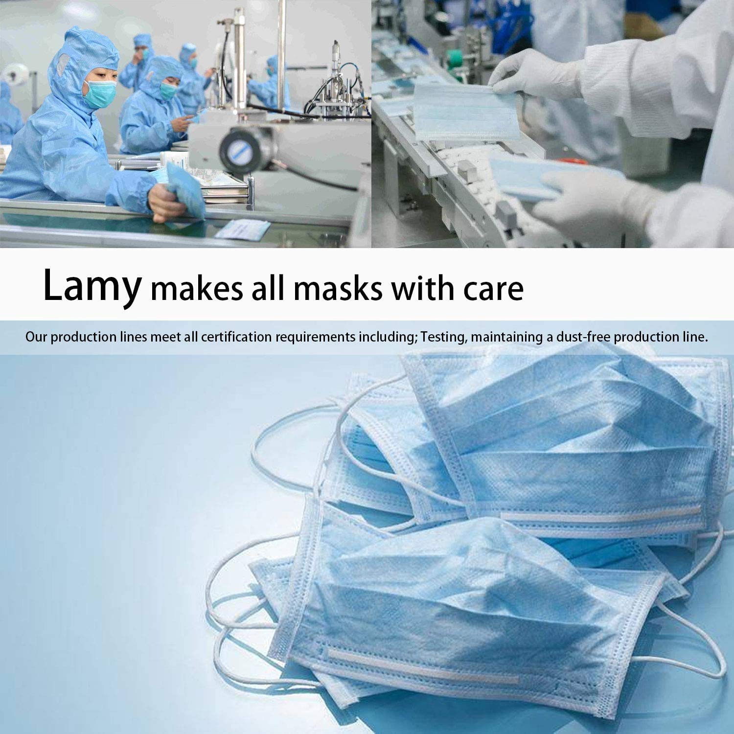 Lamy 50 Disposable Face Masks 3-Ply Blue for Men & Women - Daily Protection & Comfort