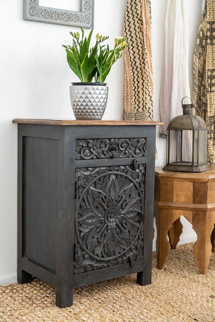 Handmade Charcoal Nightstand - Solid Wood Bedside Table with Hand Carved Design | Perfect for Bedroom, Living Room & Guest Room Decor