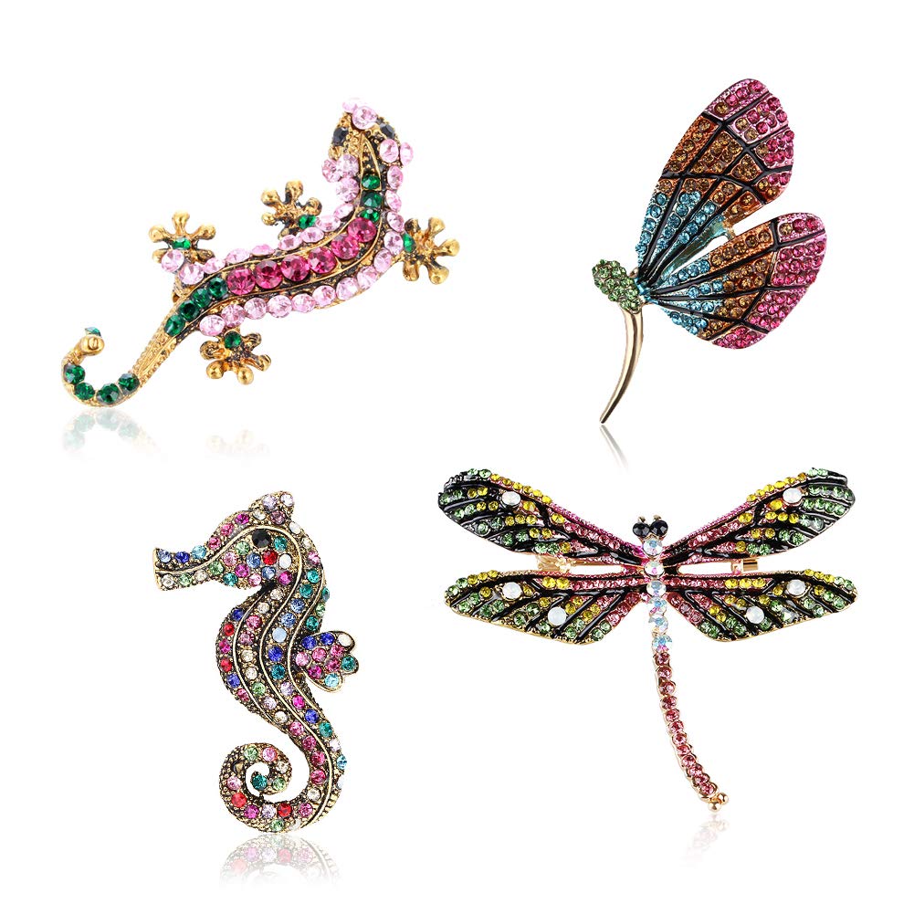 4PCS Colorful Enamel Animal Brooches - Crystal Rhinestone Butterfly, Seahorse, Dragonfly & Lizard Pin Set for Women | Vintage Fashion Jewelry for Blazers, Hats, Scarves & Gift Giving