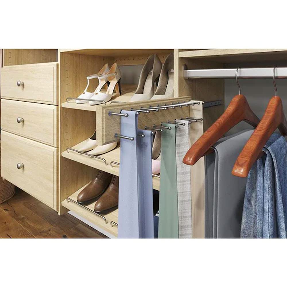Easy Track RA1200-MJ 14-Inch Wide Composite Wood Sliding Wardrobe Closet Organizer - 20 Hook Tie Hanger Storage Rack with 20 Tie Capacity, Honey Blonde - Perfect for Home, Office, and Travel Accessory Organization