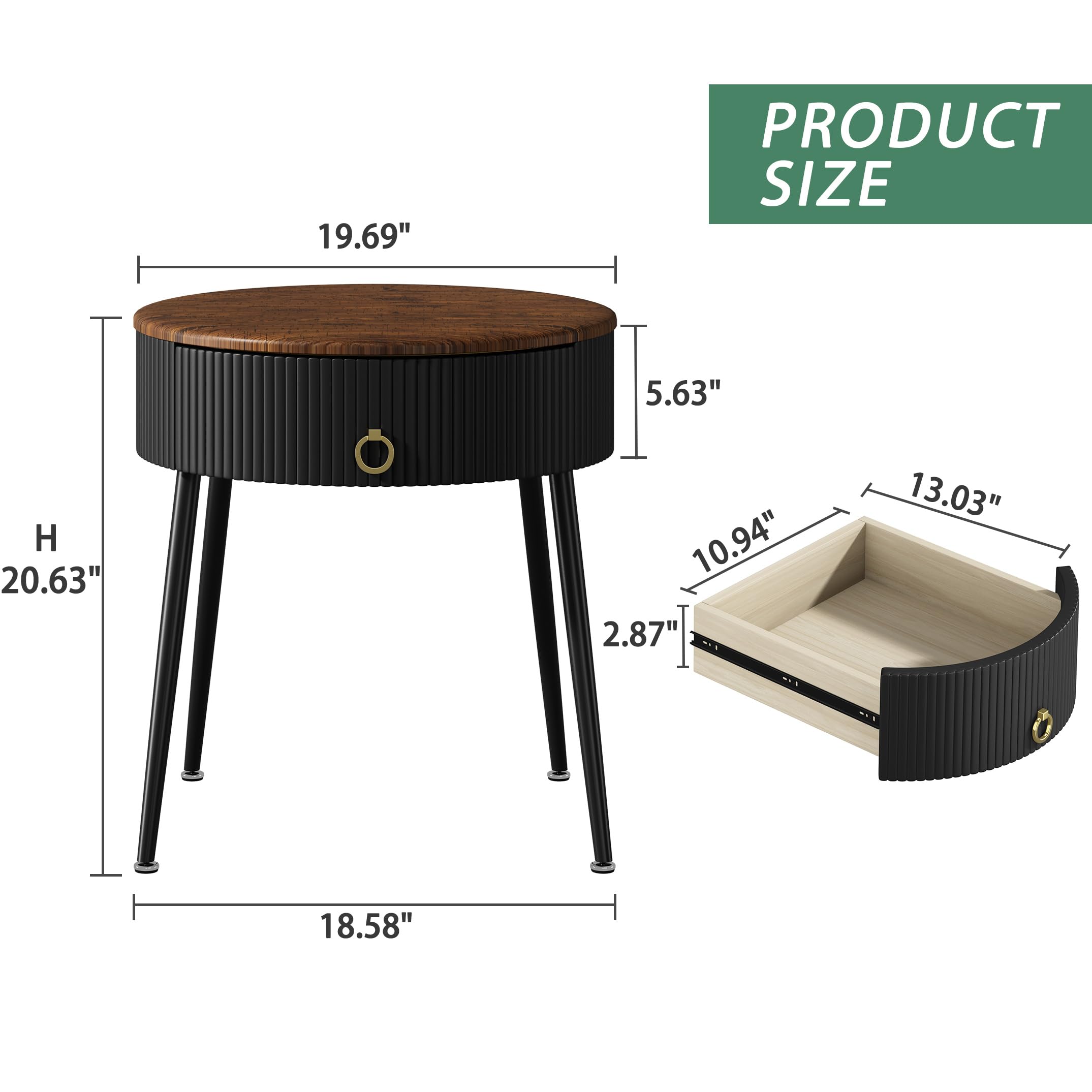 2-Piece Round Side Table Set with Drawer - Modern Nightstand for Bedroom, Living Room, Office & Dorm - Rustic Brown & Black End Tables for Small Spaces | Perfect for Reading Nook, Guest Room & Apartment Decor