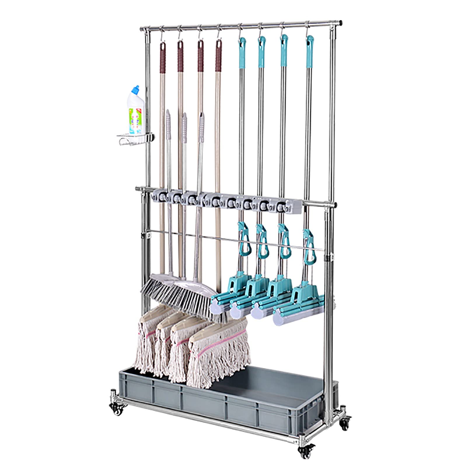 MERTNK Adjustable Hand Truck Mop and Broom Holder with Wheels - Heavy Duty Floor-Mounted Cleaning Cart for Wet Mops, Brooms, and Cleaning Tools - Ideal for Home, Office, Janitorial, and Commercial Use