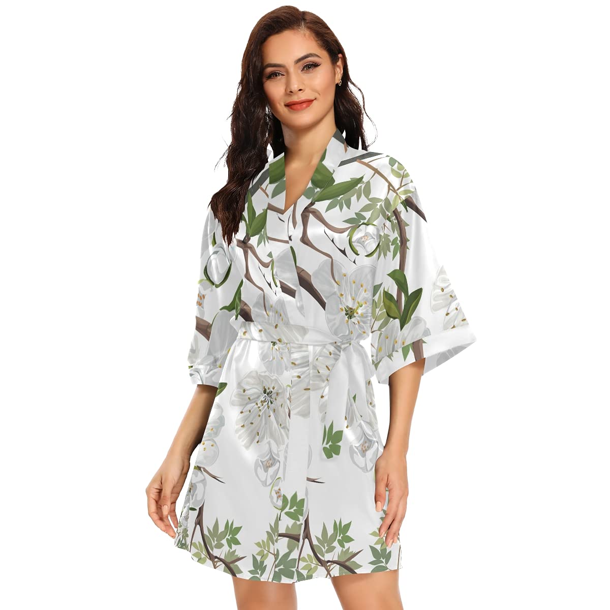 Women's White Peach Blossom Satin Kimono Robe - Soft Short Silk Sleepwear & Dressing Gown for Lounge, Spa, Bridal Shower - Sizes S-XXL