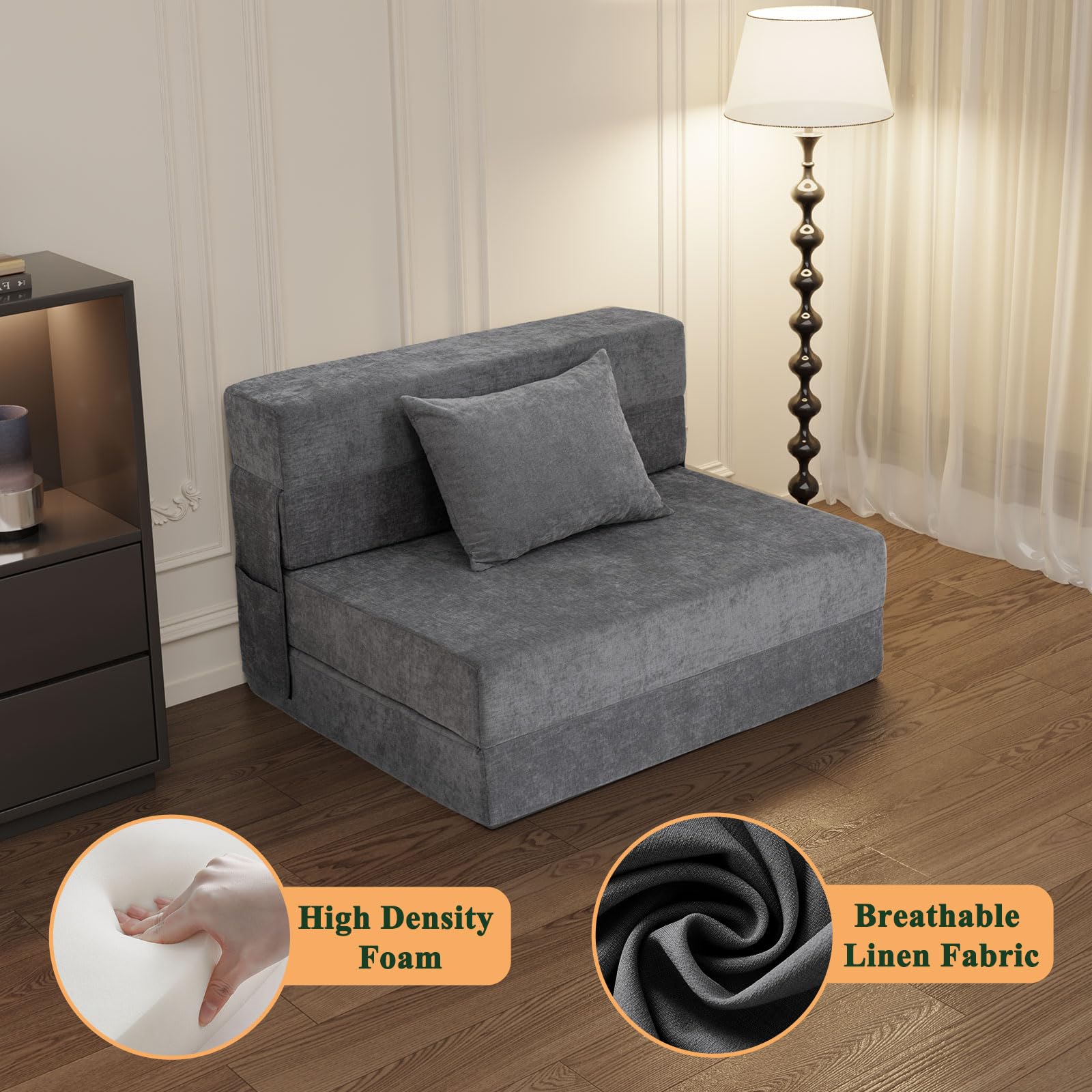 HOMFINE Folding Sofa Bed - Convertible Sleeper Chair with Pillow, Twin Size Gray Futon Couch for Small Spaces | Fold Out Couch & Foam Floor Mattress | Perfect for Living Room, Dorm, Guest Room & Home Office | Space-Saving Multi-Functional Furniture for Relaxing, Lounging & Overnight Guests