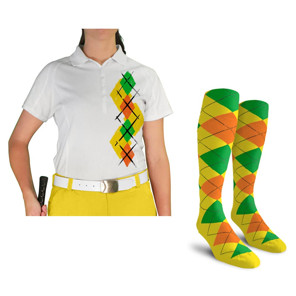 Dry Fit Short Sleeve Graphic Golf Polo Shirt with Socks for Women - Argyle Paradise (5A-5Z) | Breathable Moisture-Wicking Performance Top for Golf, Tennis & Casual Wear