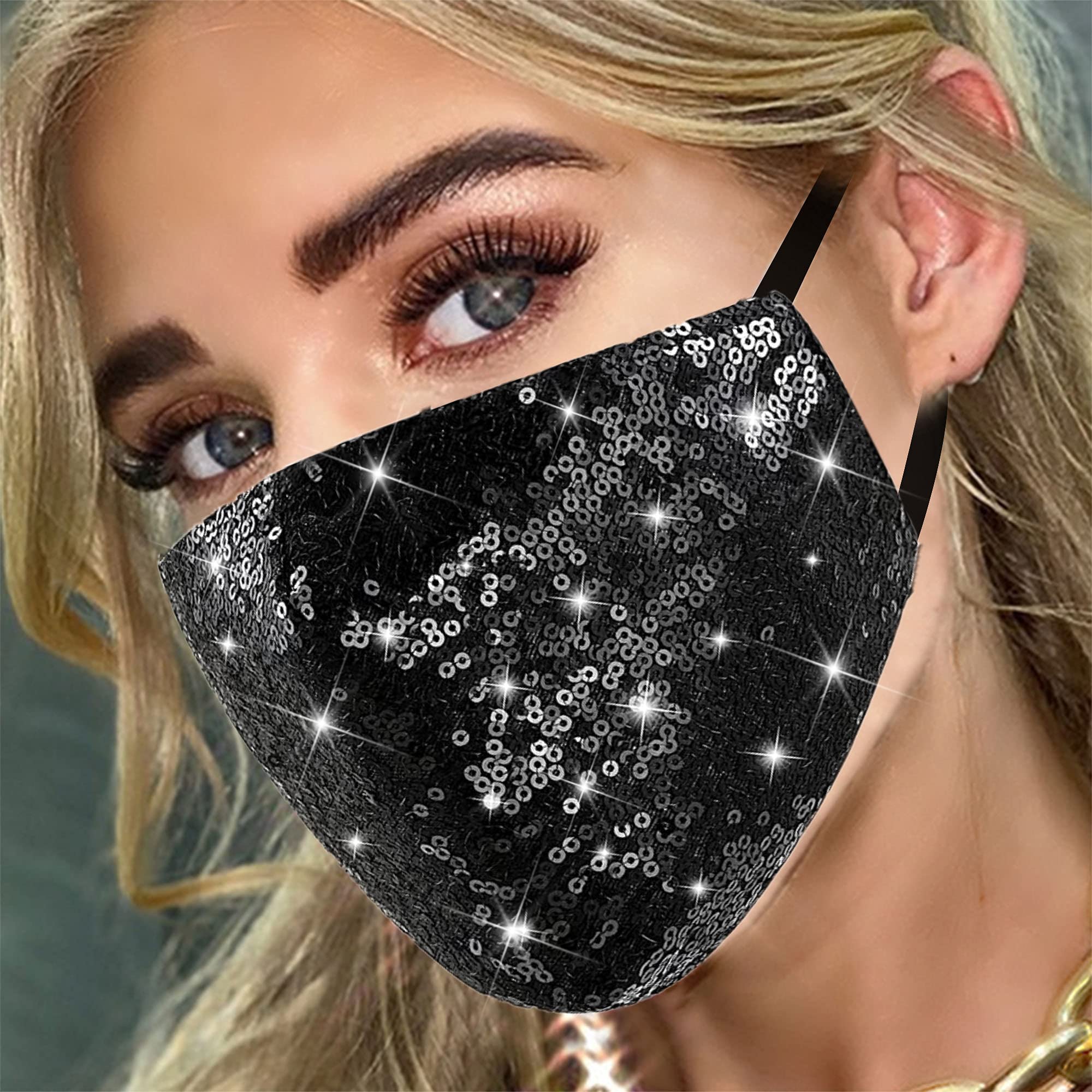 Sparkly Sequin Face Mask - Glitter Cotton Masquerade Mask for Halloween, Cosplay & Parties (Black, Irregular Size) - Perfect for Costume Events, Festivals & Themed Celebrations