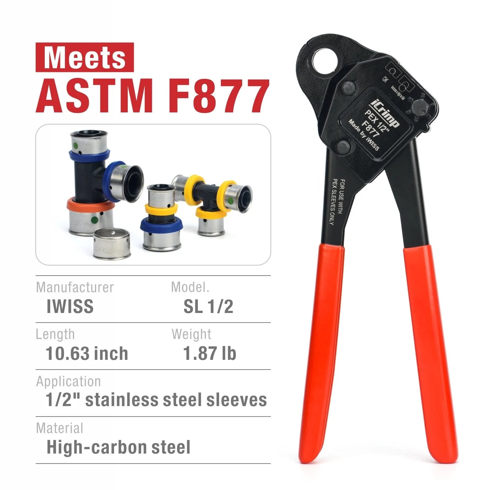Angled Head PEX Crimping Tool for 1/2 inch F877 Stainless PEX Press Sleeves with Go/No-Go Gauge - Perfect for Plumbing Repairs and PEX Pipe Installations