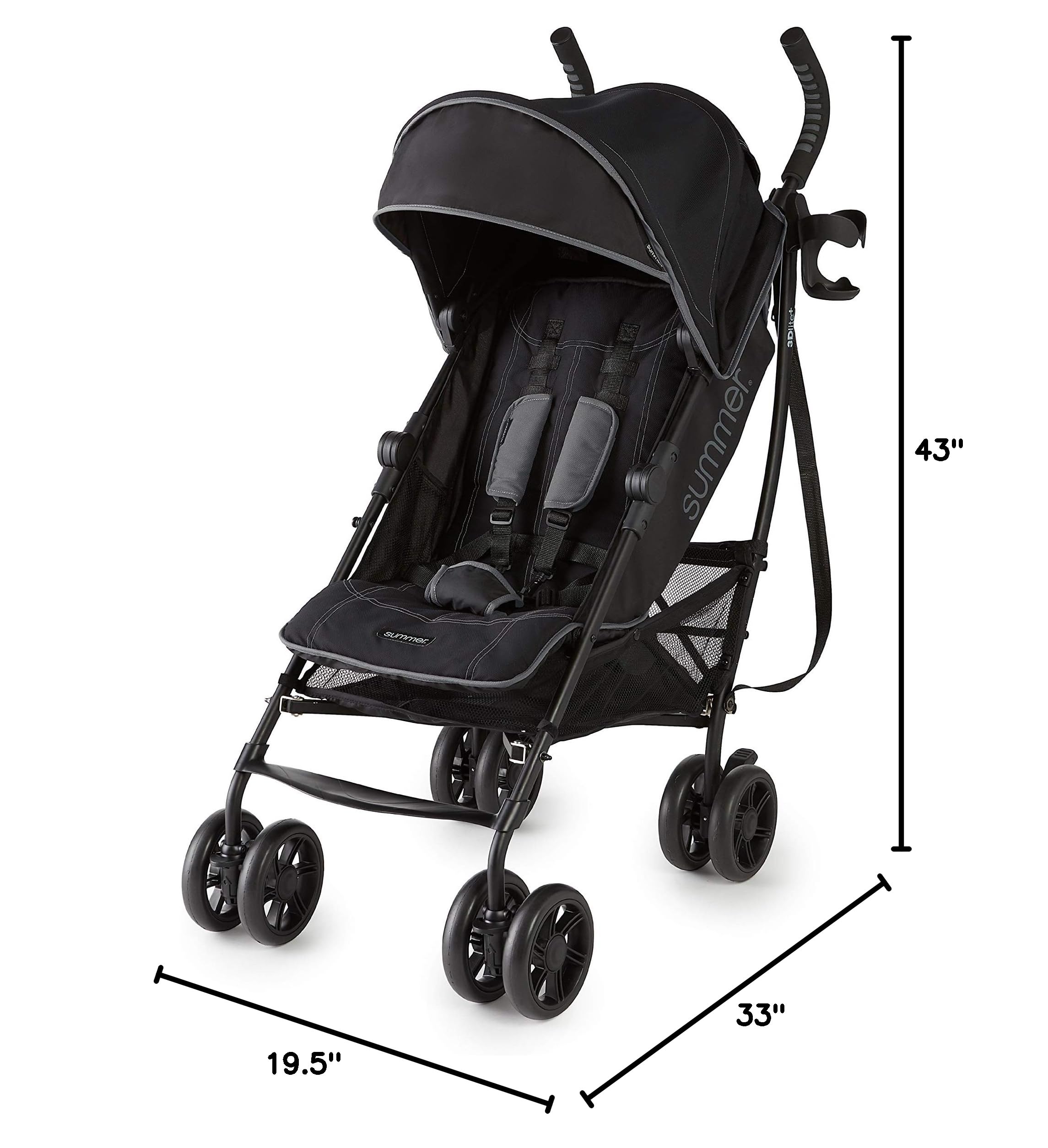 Summer Infant 3Dlite+ Lightweight Umbrella Stroller - Compact Fold, Oversized Canopy & Extra Storage - Black | Perfect for Travel, Shopping & Everyday Use