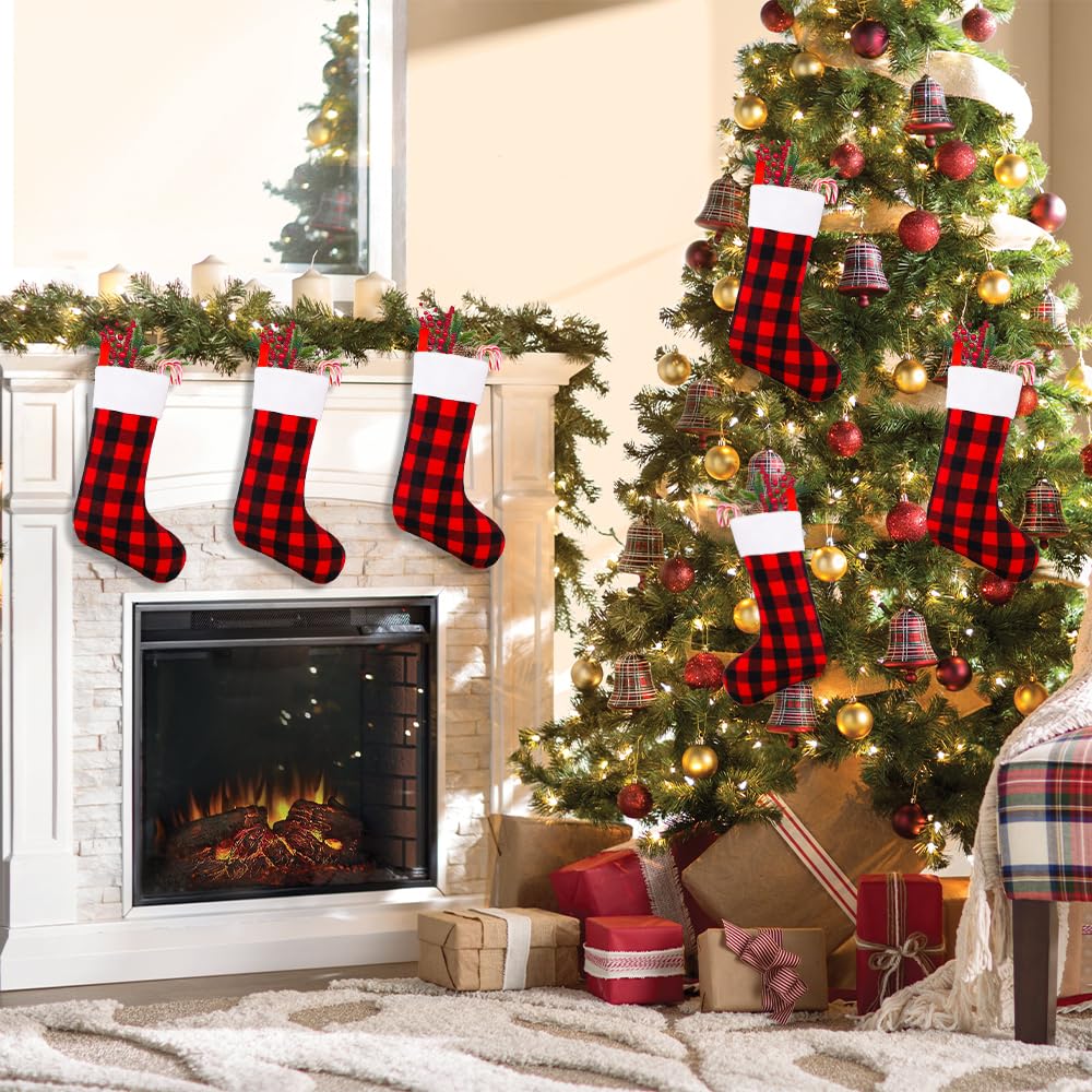 YUJUN 6 Pack 22 Inch Christmas Stockings - Large Buffalo Plaid Holiday Stockings in Black & Red for Fireplace, Tree & Party Decor | Perfect for Family Christmas Celebrations & Festive Home Decorations