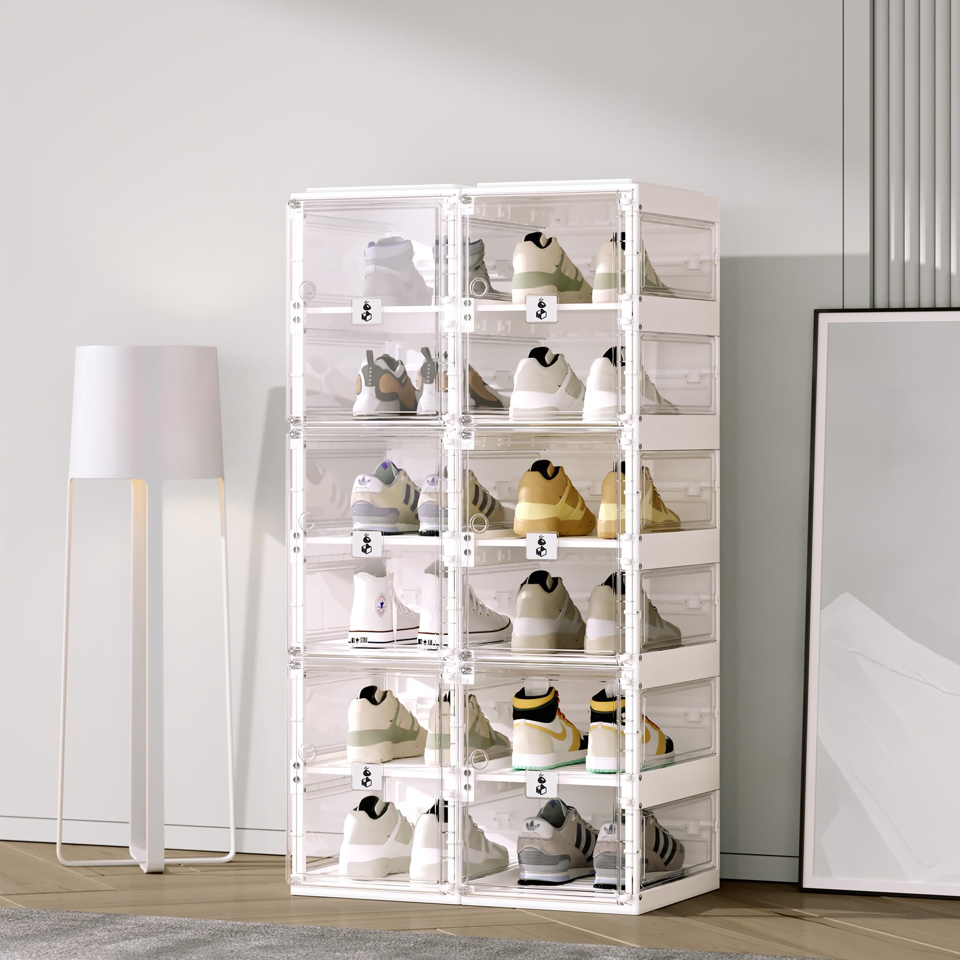 Foldable Clear Shoe Storage Boxes with Magnetic Door - Stackable 10-Tier Shoe Rack Organizer for Closet & Entryway - Holds 20 Pairs of Shoes - Easy Assembly (Perfect for Sneaker Display, Home Organization & Small Space Storage)