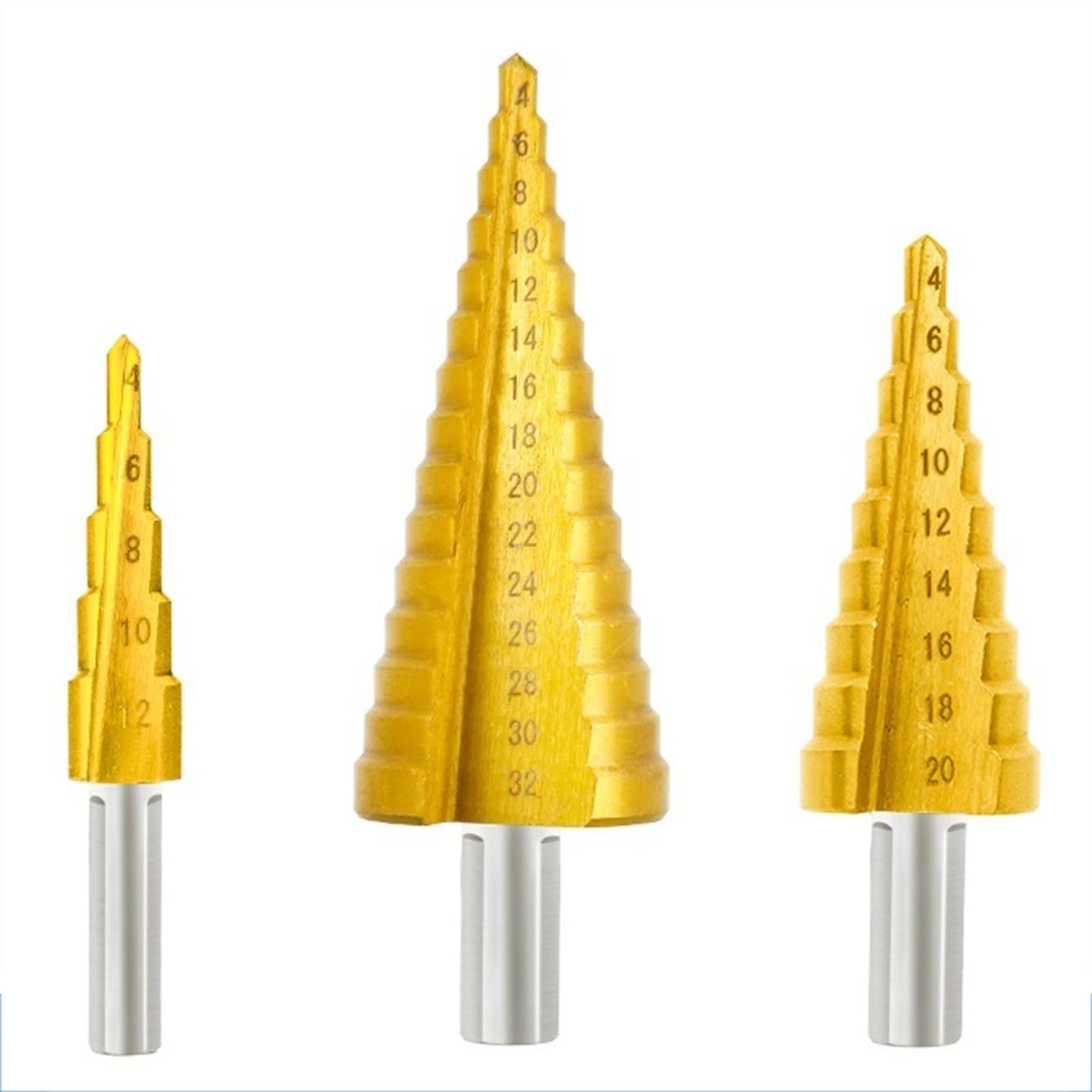 HSS TiN Coated Step Drill Bit Set (4-12mm, 4-20mm, 4-32mm) - High Speed Steel Straight Groove Cone Drill for Wood, Metal, Plastic - Power Tool Accessories for DIY, Construction & Home Improvement Projects (3-Piece Set)