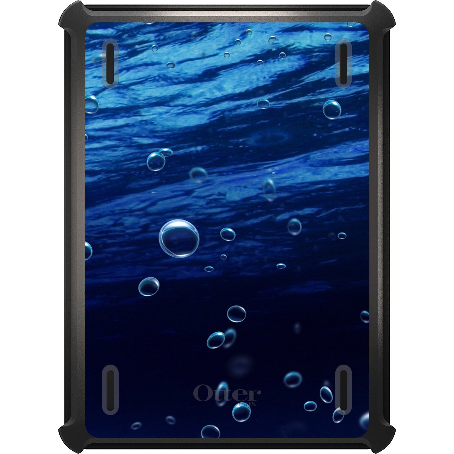 DistinctInk Protective Case Compatible with iPad 2017 (5th & 6th Generation) - Slim Black Replacement Cover with Stand for OtterBox Defender - Water Bubbles Blue Design - Perfect for School, Work & Travel