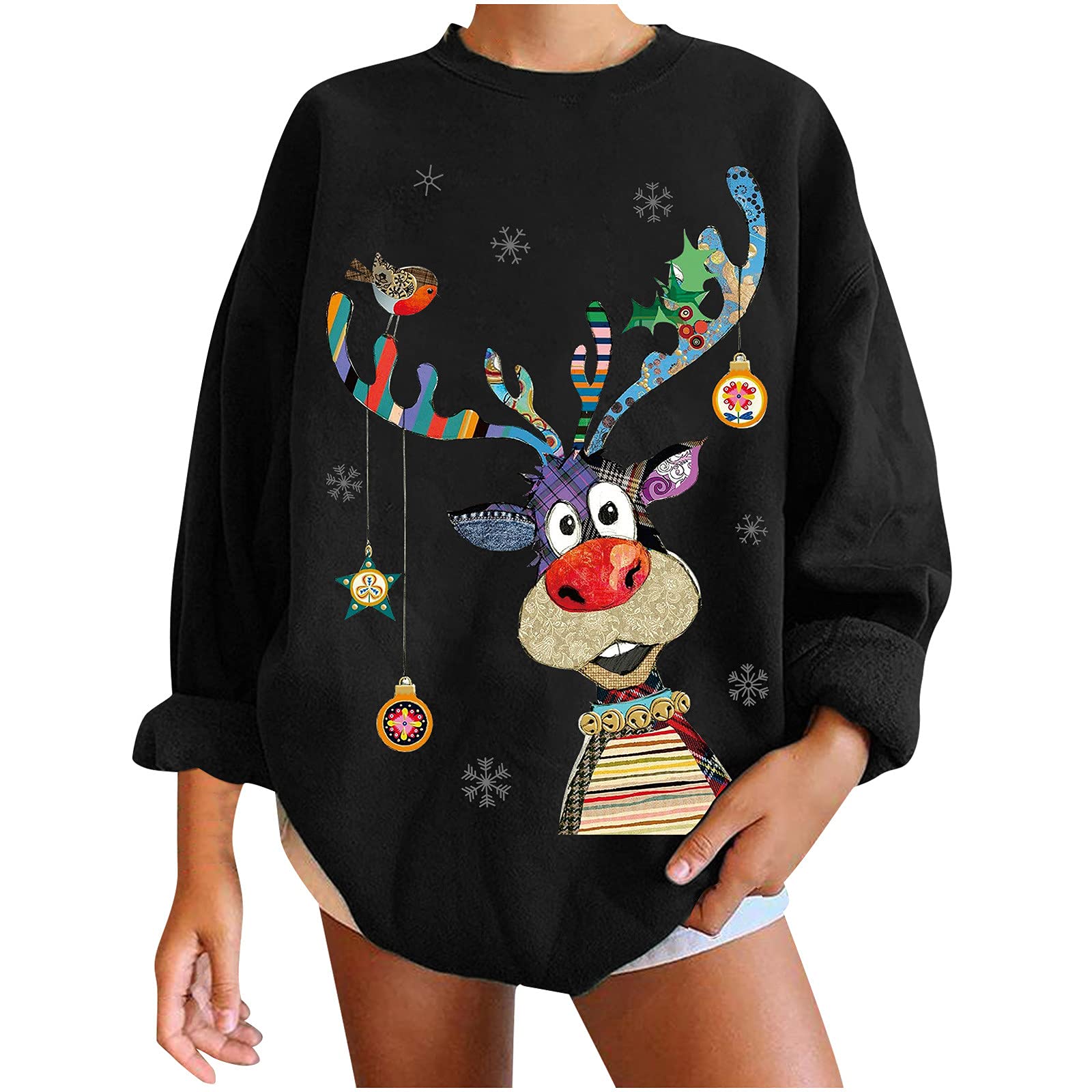 NaRHbrg Women's Christmas Sweater - Cute Reindeer Print Long Sleeve Crewneck Pullover Sweatshirt | Casual Loose Fit Holiday Party Outfit for Xmas Family Gatherings & Winter Office Wear