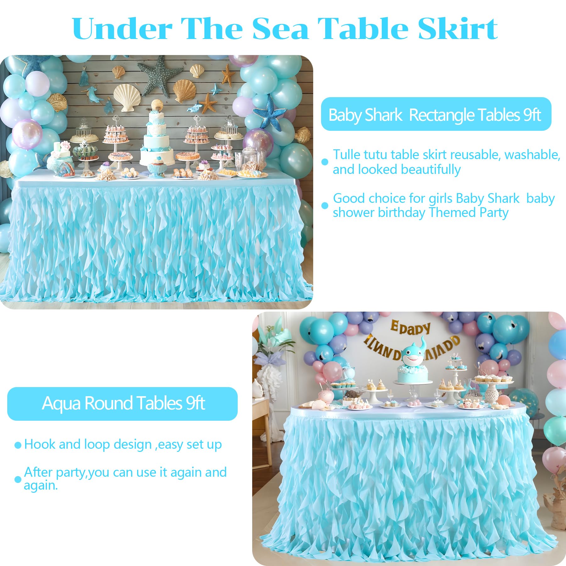 PARTISKY 9ft Aqua Blue Tulle Curly Willow Table Skirt - Ruffled Tutu Tablecloth for Rectangle Tables | Baby Shower, Birthday Party, Wedding, Candy Buffet & Cake Table Decor | Elegant Party Table Cover for Special Events