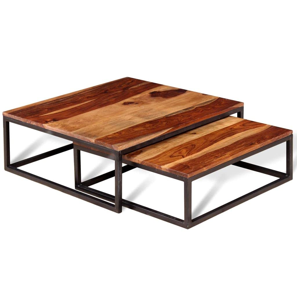 Industrial Style Nesting Coffee Table Set - 2-Piece Solid Sheesham Wood Side Tables for Living Room | Modern Couch End Table, Tea Table, Low Coffee Table | Perfect for Small Spaces, Apartments & Cozy Home Decor