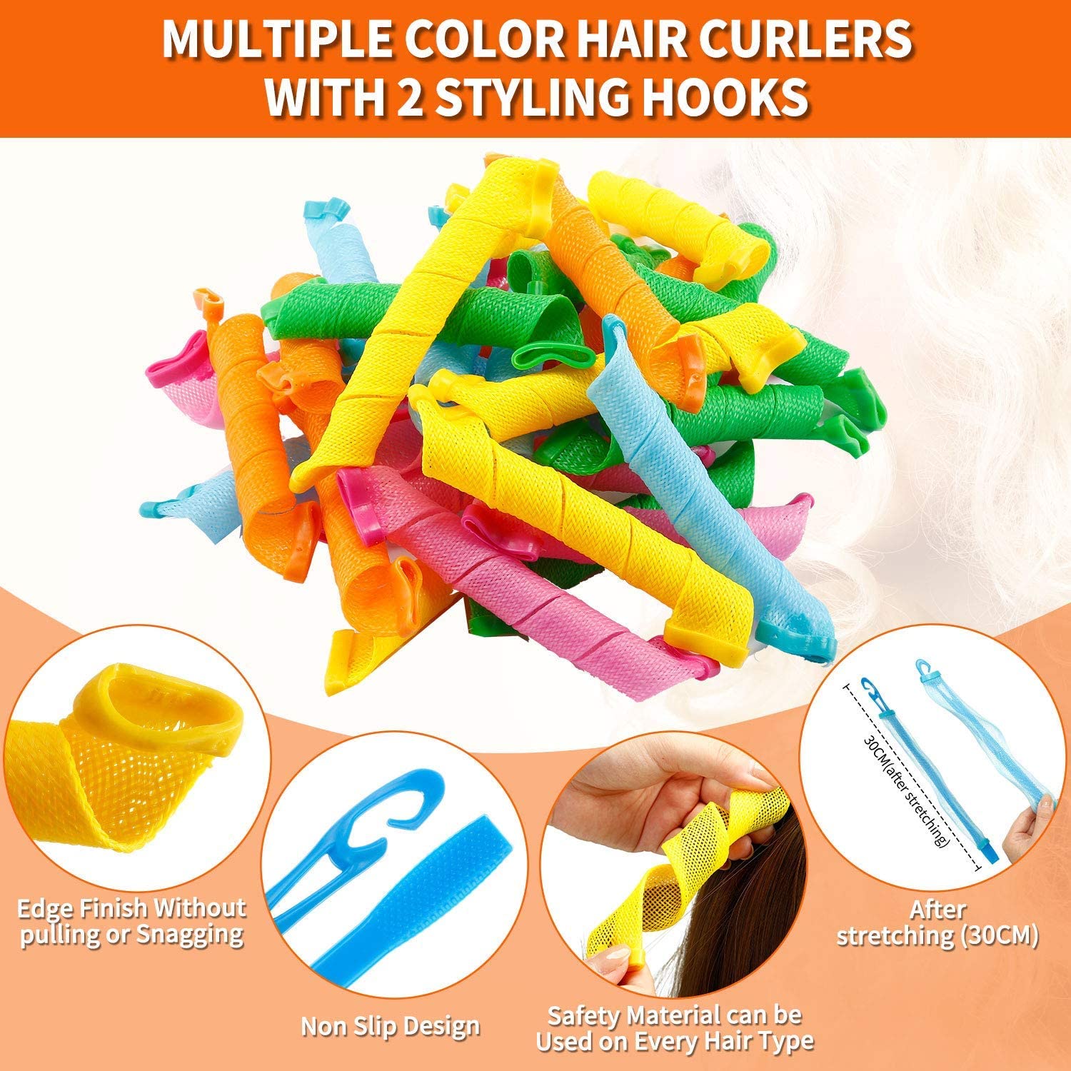Evolluxi 30cm Spiral Hair Curlers - No Heat Curling Styling Kit for Women & Girls (28-Pack) | Creates Beautiful Waves & Curls on Short & Long Hair | Perfect for Home, Salon, Parties & Everyday Styling