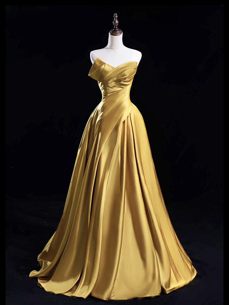 Elegant A-Line V-Neck Satin Gold Long Prom Dress for Women - Formal Evening Gown for Homecoming, Ball, Wedding & Special Occasions