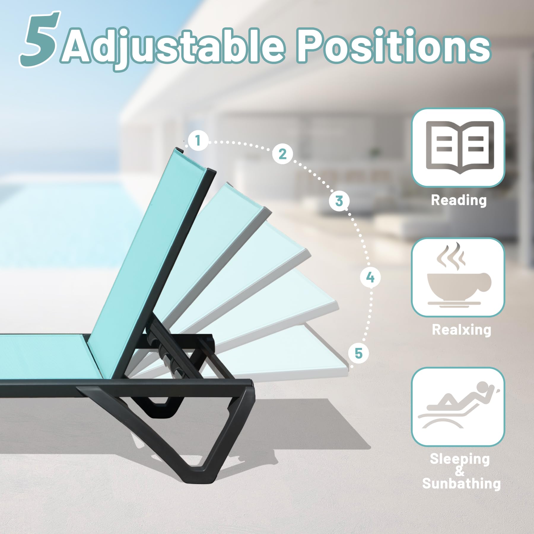 Domi Patio Lounge Chairs Set of 2 - Adjustable Aluminum Pool Chaise Lounges with Wheels for Outdoor Relaxation | Perfect for Poolside, Garden, Beach, Backyard & Patio in Turquoise Blue | Durable & Comfortable Outdoor Furniture for Sunbathing & Lounging