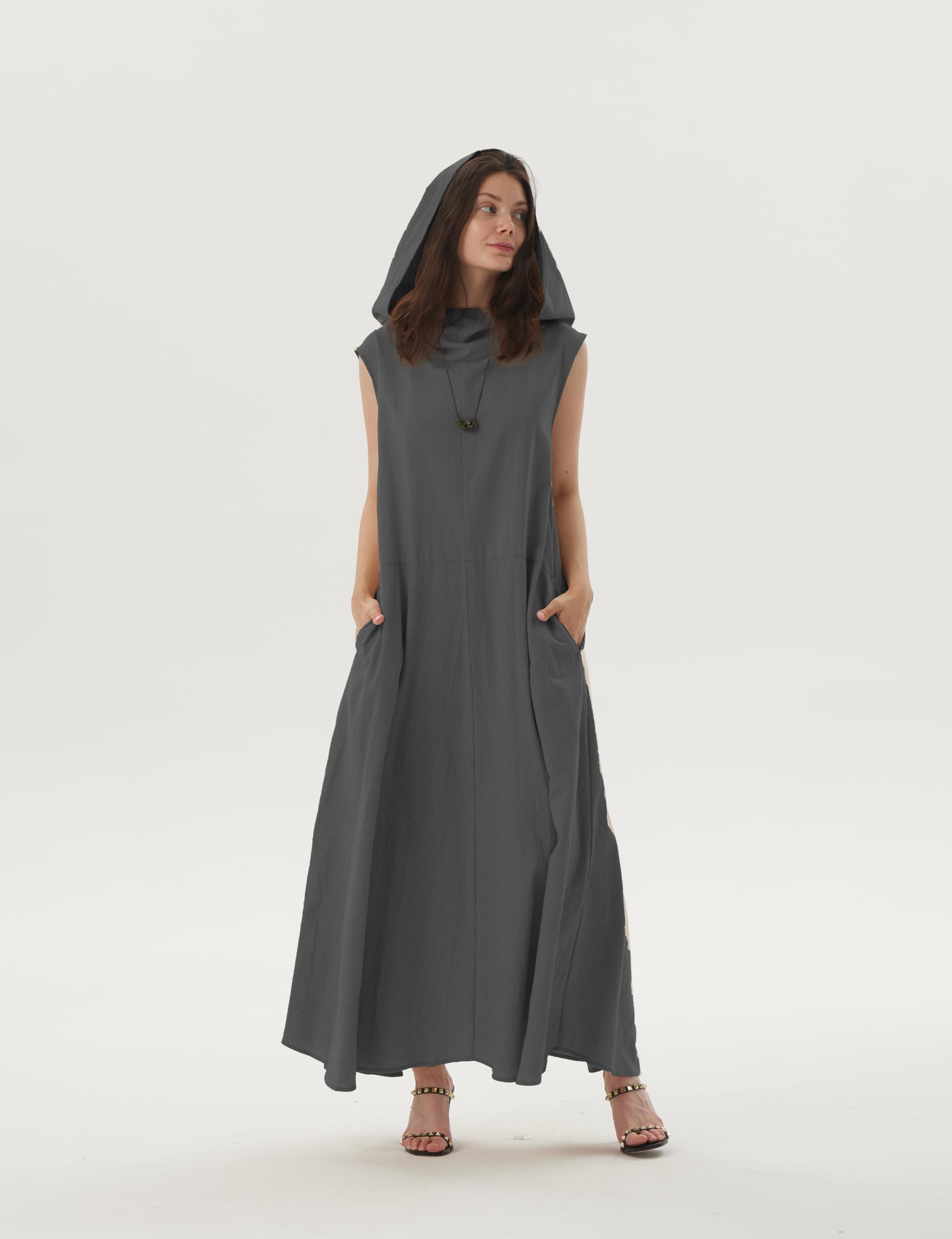 Women's Summer Sleeveless Hooded Maxi Dress - Linen Casual Loose Dress with Pockets (S, Black Gray) | Beach Cover Up, Vacation Outfit, Boho Chic Style