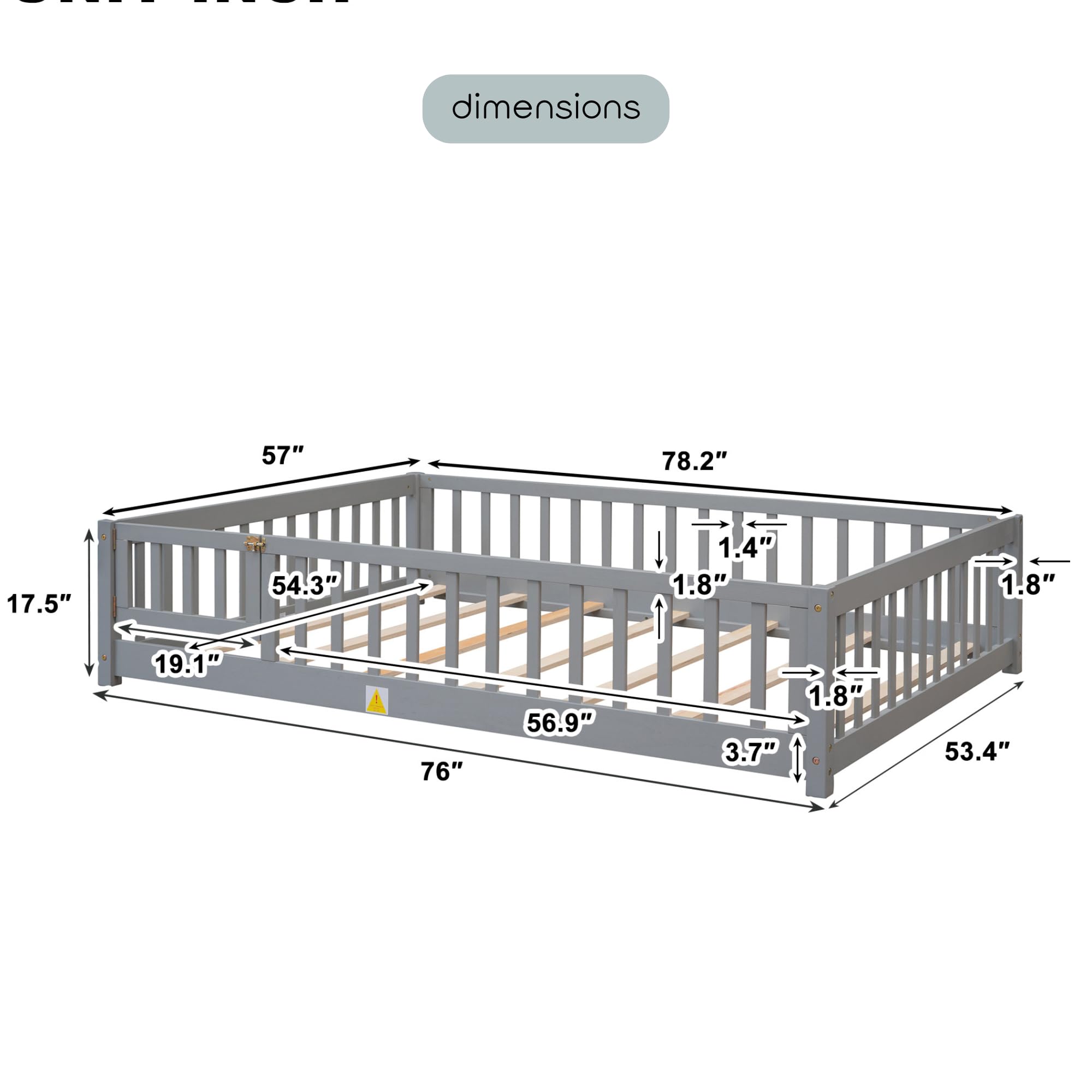 Montessori Full Size Floor Bed Frame for Kids - Sturdy Wooden Toddler Bed with Safety Fence Railings & Support Slats, No Box Spring Needed, Gray - Perfect for Boys & Girls Bedrooms, Daycare Centers, and Montessori Learning Environments