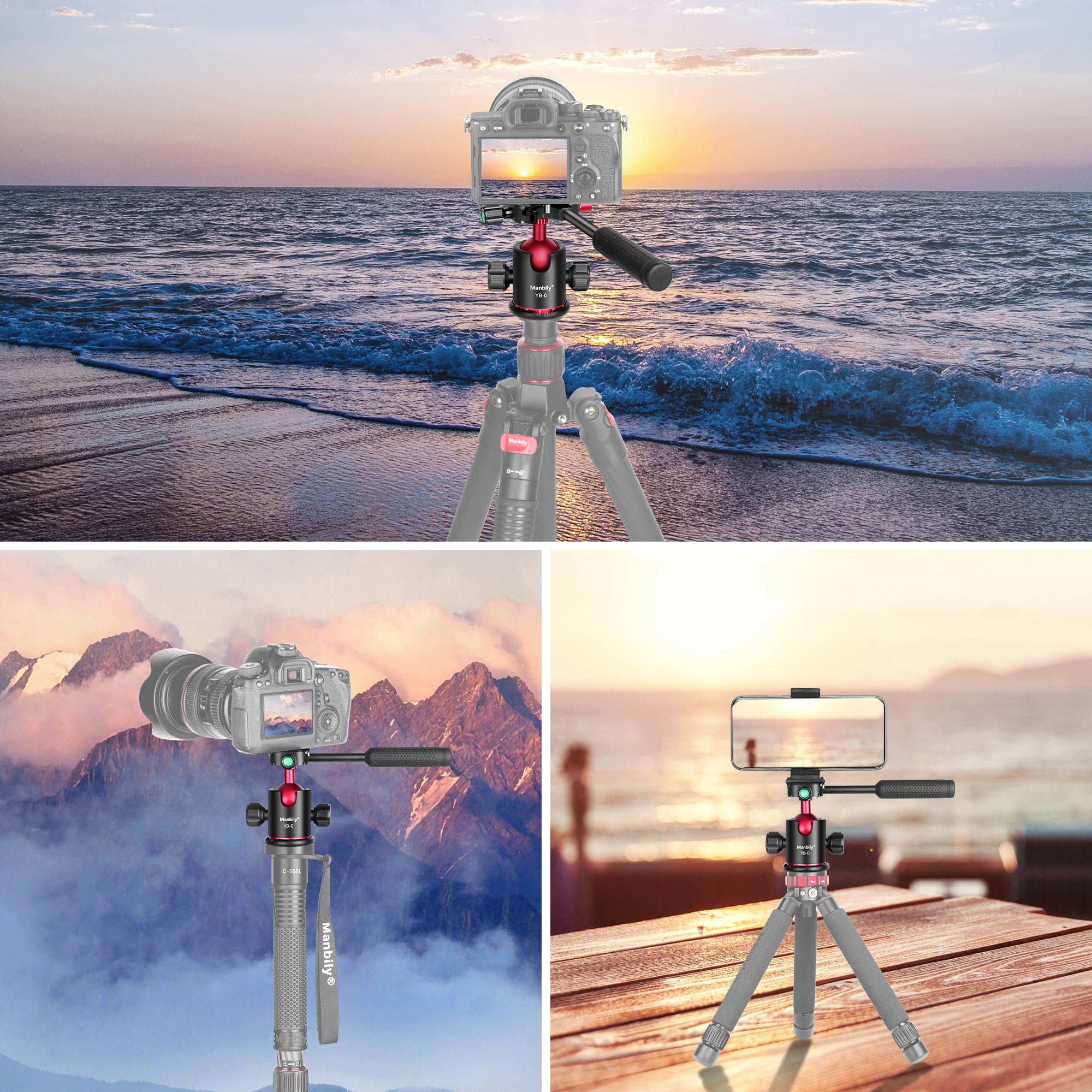 Manbily 36mm Aluminum Ball Head with Handle for Tripod & Monopod - 360° Panoramic Photography Head with Arca Swiss Quick Release Plate (2 Plates Included) - Compatible with DSLR, Camera, Phone & Camcorder - Perfect for Landscape, Portrait & Action Photography