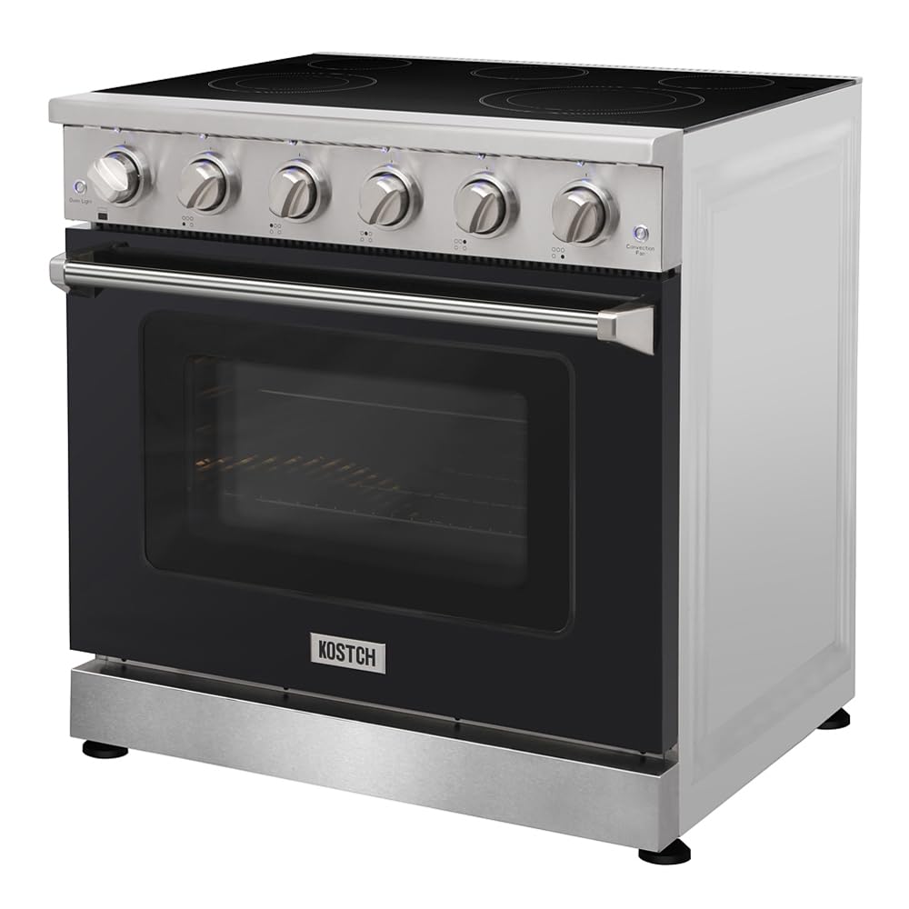 36 Inch Stainless Steel Electric Range - 5 Burner Cooktop, 6.0 Cu. Ft. Convection Oven, Smooth Glass Top - Professional Kitchen Appliance for Home Cooking & Baking (Black, Model KOS-36RE06H)