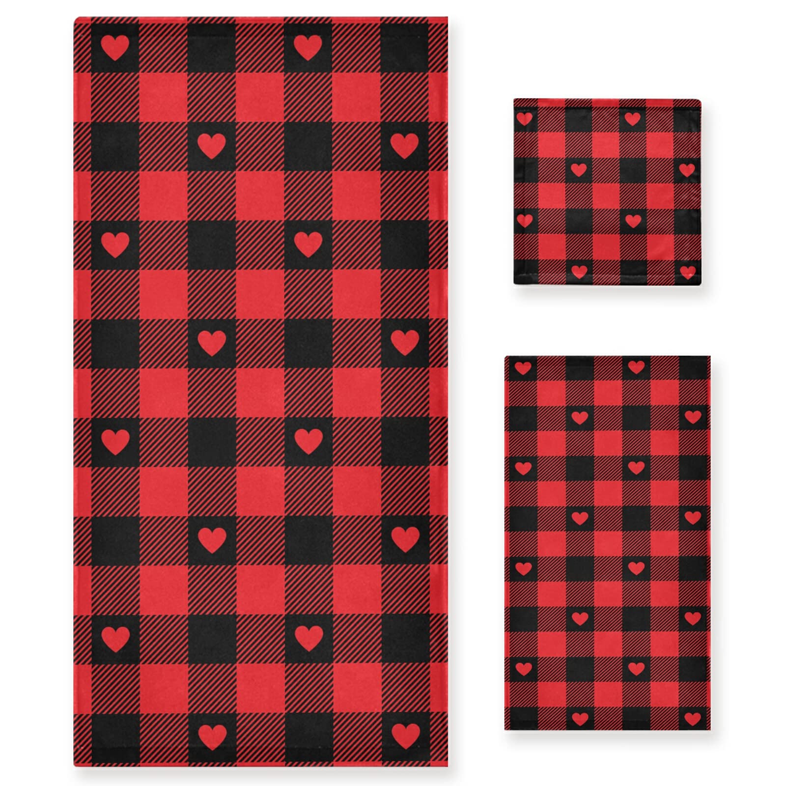 Jucciaco Plaid Bath Towel Set - 3-Piece Absorbent & Soft Shower Towels (1 Bath Towel, 1 Hand Towel, 1 Washcloth) - Black Red Checkered Design for Men & Women - Perfect for Bathroom, Spa & Guest Use
