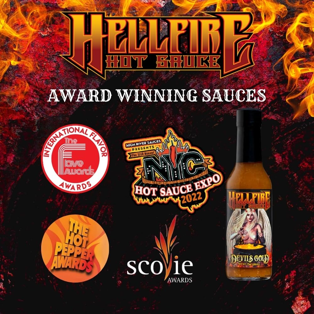 Hellfire Devil's Gold Hot Sauce - Award-Winning Gourmet Hot Sauce with Yellow Super Hot Peppers & Exotic Fruits - Sweet & Spicy Blend - 5 oz Bottle - Perfect for Wings, Tacos, Burgers & BBQ