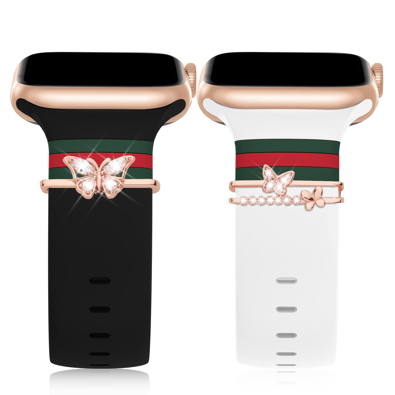 2 Pack Stylish Soft Silicone Apple Watch Bands with Charms - Compatible with 38mm 40mm 44mm 41mm 42mm 45mm 49mm iWatch Series Ultra SE 8 7 6 5 4 3 2 1 - Fashionable Sport Strap for Women - Perfect for Workouts, Running & Everyday Wear