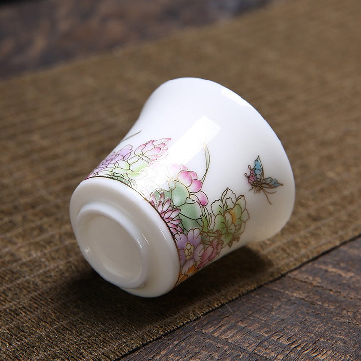 Premium White Porcelain Tea Tasting Cups with Blooming Floral Decal & Gold Detailing - 70ml Dehua Fujian China - Perfect for Chinese Tea Ceremonies, Gift Giving & Home Decor