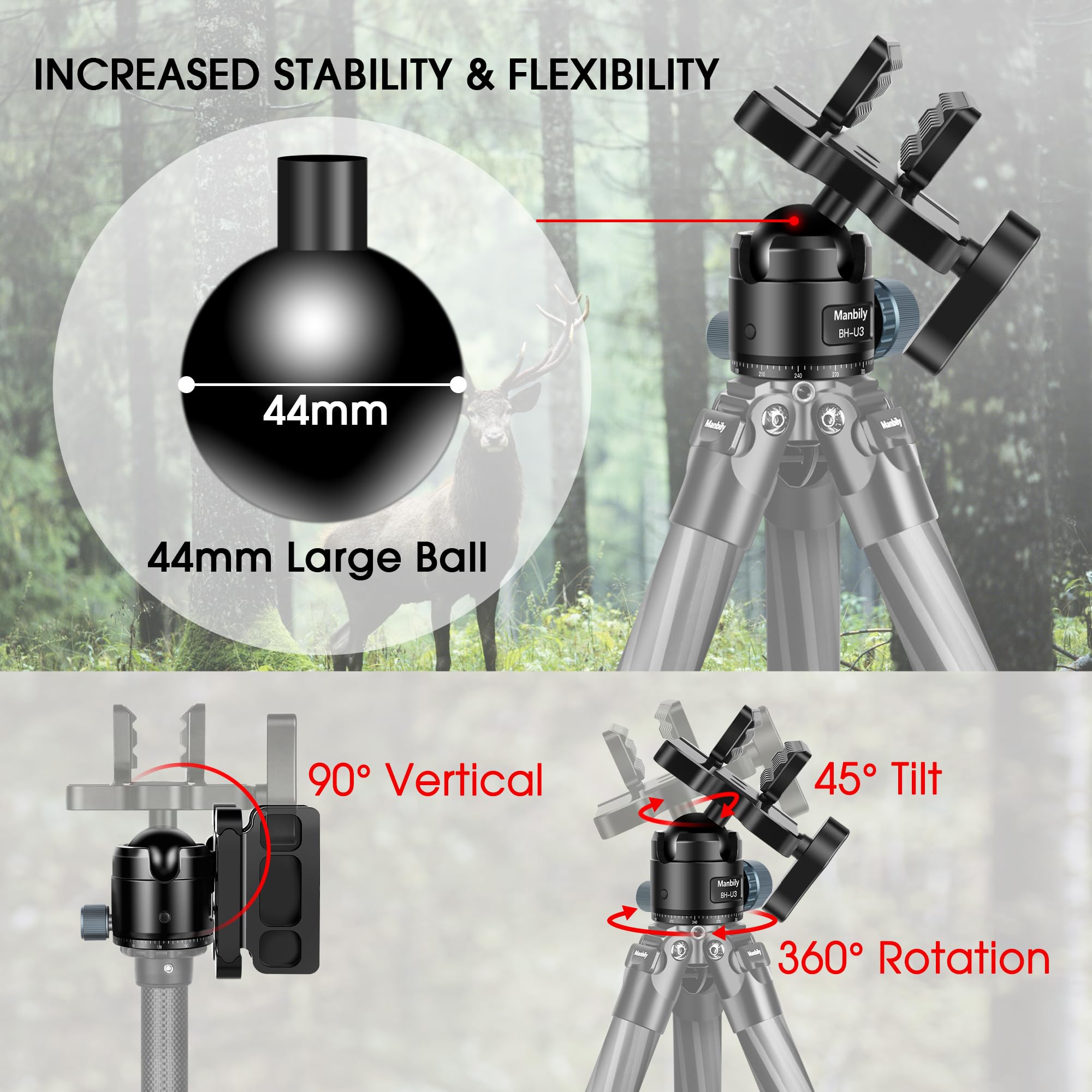 Manbily Heavy Duty 360° Shooting Saddle with Low Profile 44mm Ball Head - CNC Aluminum Tripod Head for Hunting & Shooting Sticks - 44lbs Load Capacity - Perfect for Outdoor Hunting, Wildlife Photography & Rifle Support (Black)