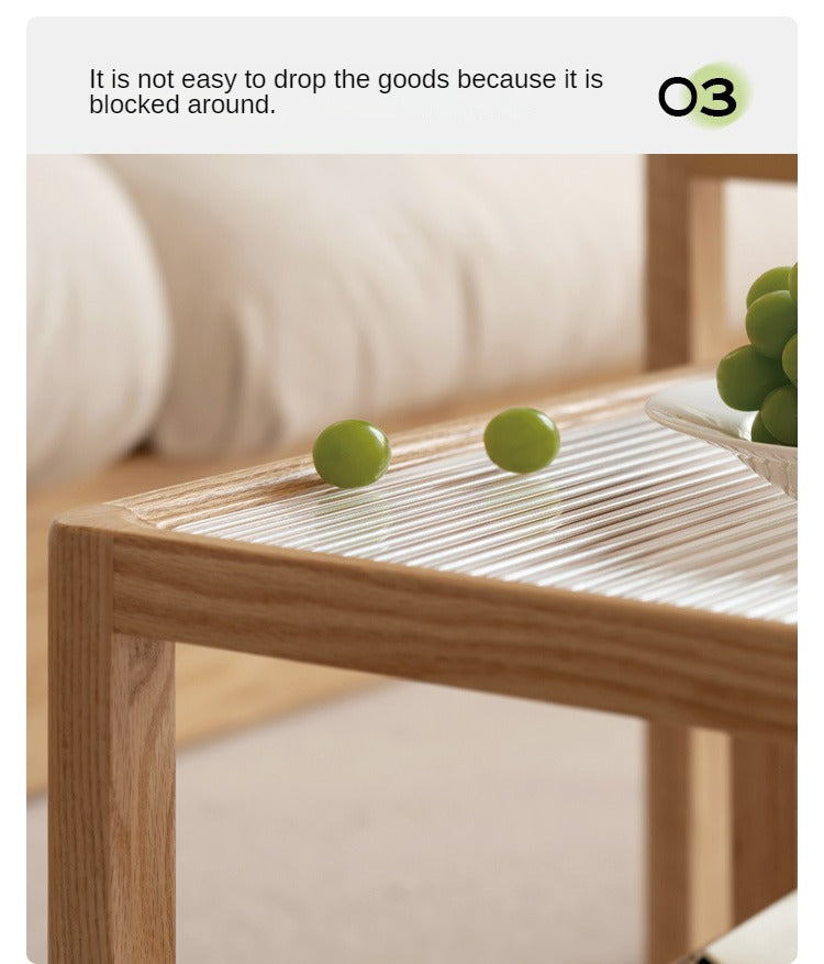 Solid Oak Wood Coffee Table with Glass Top and Rattan Shelf - Perfect for Living Room, Patio, or Outdoor Furniture Decor