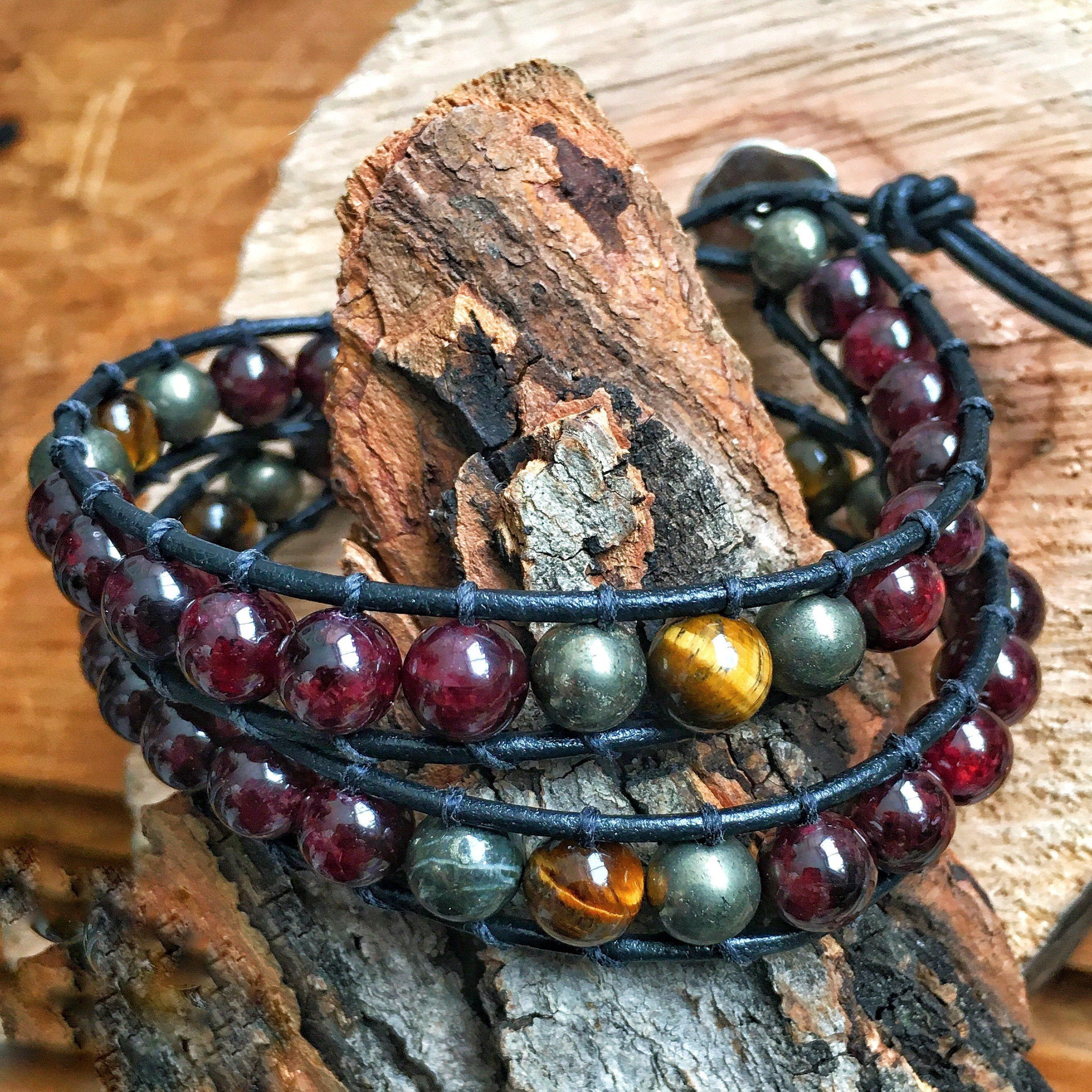 Garnet Bracelet & Tiger's Eye Leather Wrap Bracelet for Women - Prosperity & Fortitude Stone Jewelry - Perfect for Meditation, Yoga & Spiritual Healing