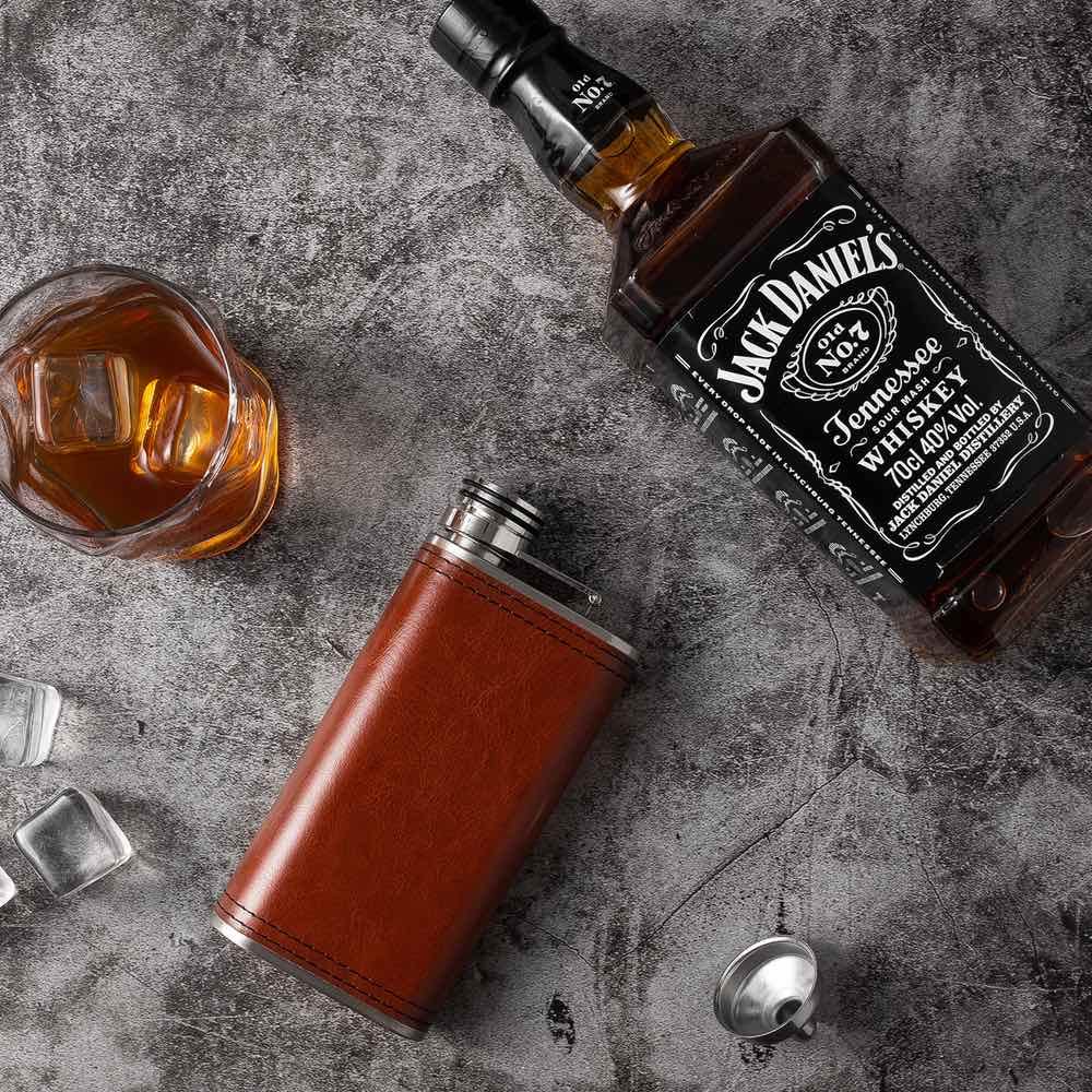 Brown PU Leather 8oz Grip Cap Pocket Flask with Funnel (2-Pack) - Perfect for Bourbon, Whiskey & Outdoor Adventures | Camping, Hiking, Travel & Gifts
