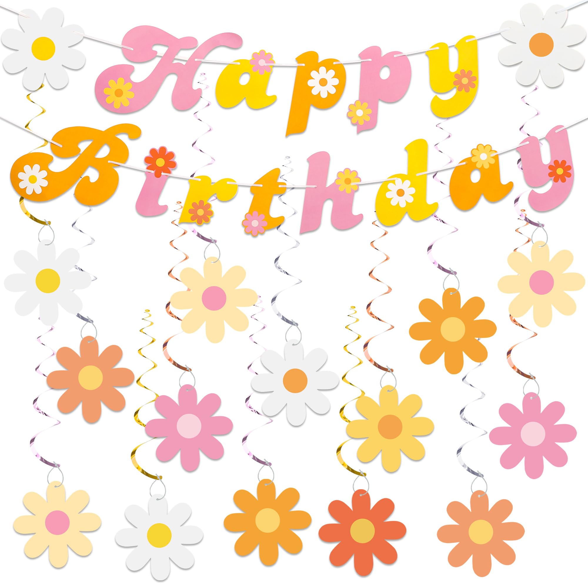 26 PCS Boho Happy Birthday Party Decorations - Retro Daisy Flower Hanging Swirls & Ceiling Streamers for Hippie Themed Parties, Baby Showers, Wedding Decor & Home Celebration
