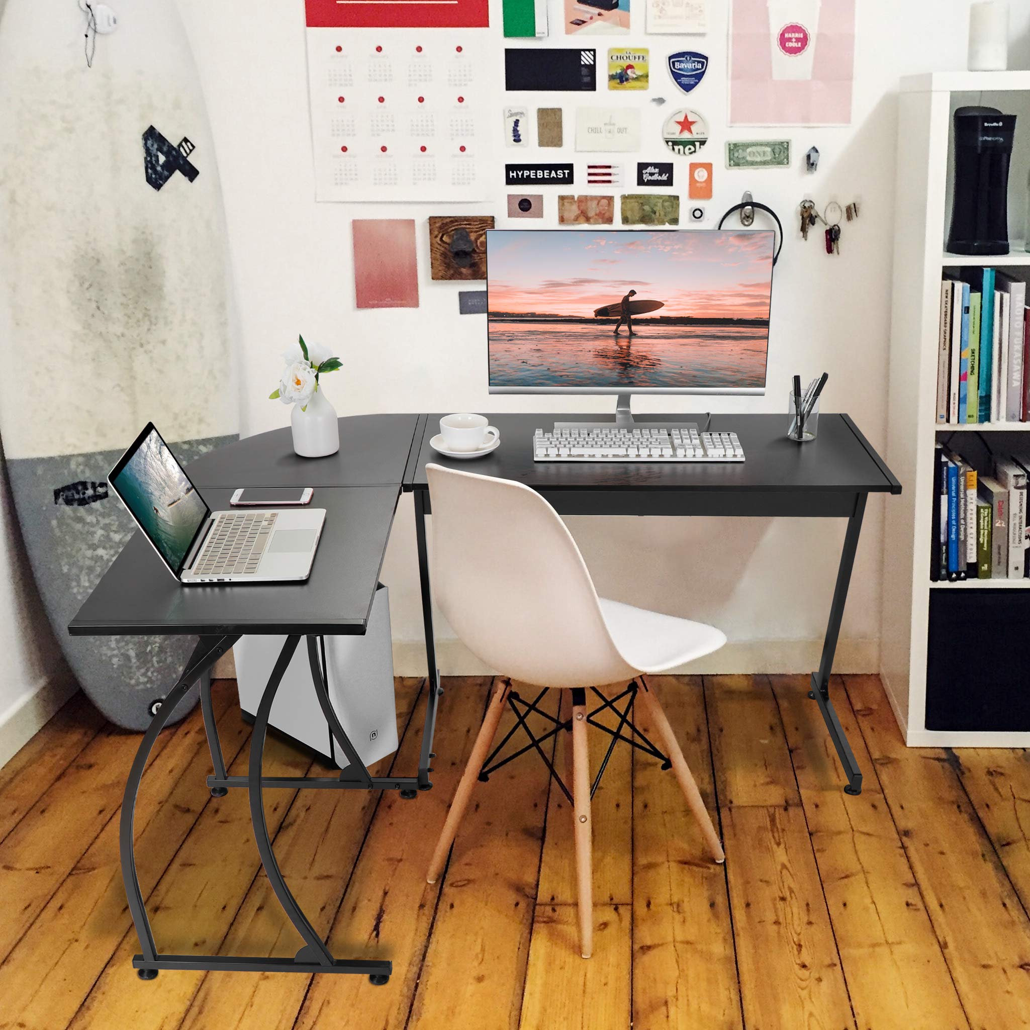 Modern L-Shaped Home Office Desk with Round Corner - Sturdy Steel Frame Computer Desk for Gaming, Writing & Workstation - Perfect for Small Spaces & Home Offices (Black)