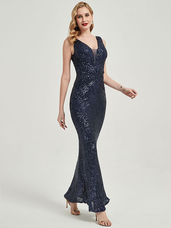 Burgundy Sequin Sleeveless Sheer V-Neck Maxi Mermaid Formal Gown for Prom, Evening Party & Special Occasions