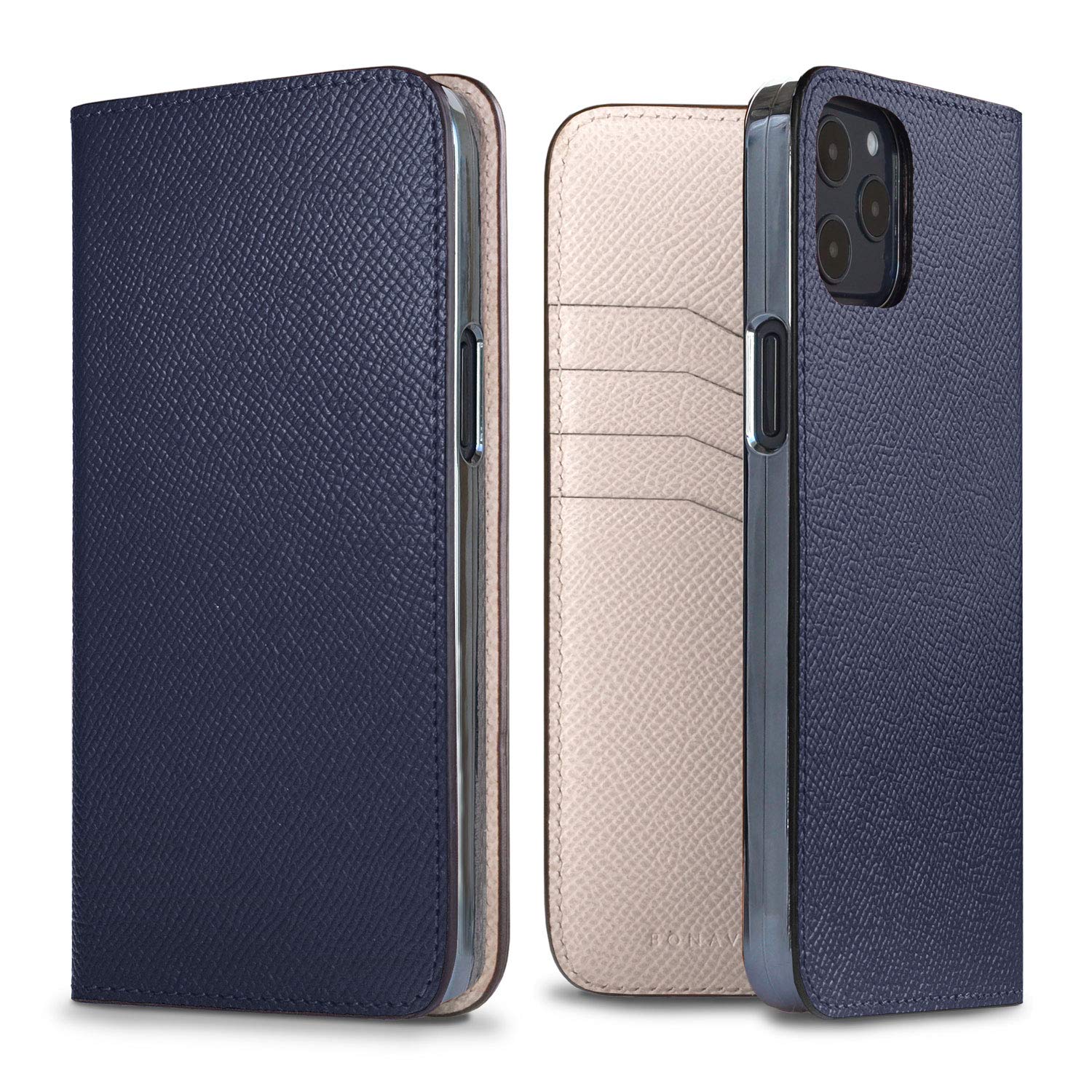 Premium BONAVENTURA Noblessa Diary Smartphone Case for iPhone 12 Pro Max - Navy & White Leather Wallet Cover with Card Slots | Perfect for Business Professionals & Everyday Use (Model BODN12PM-NAWH)