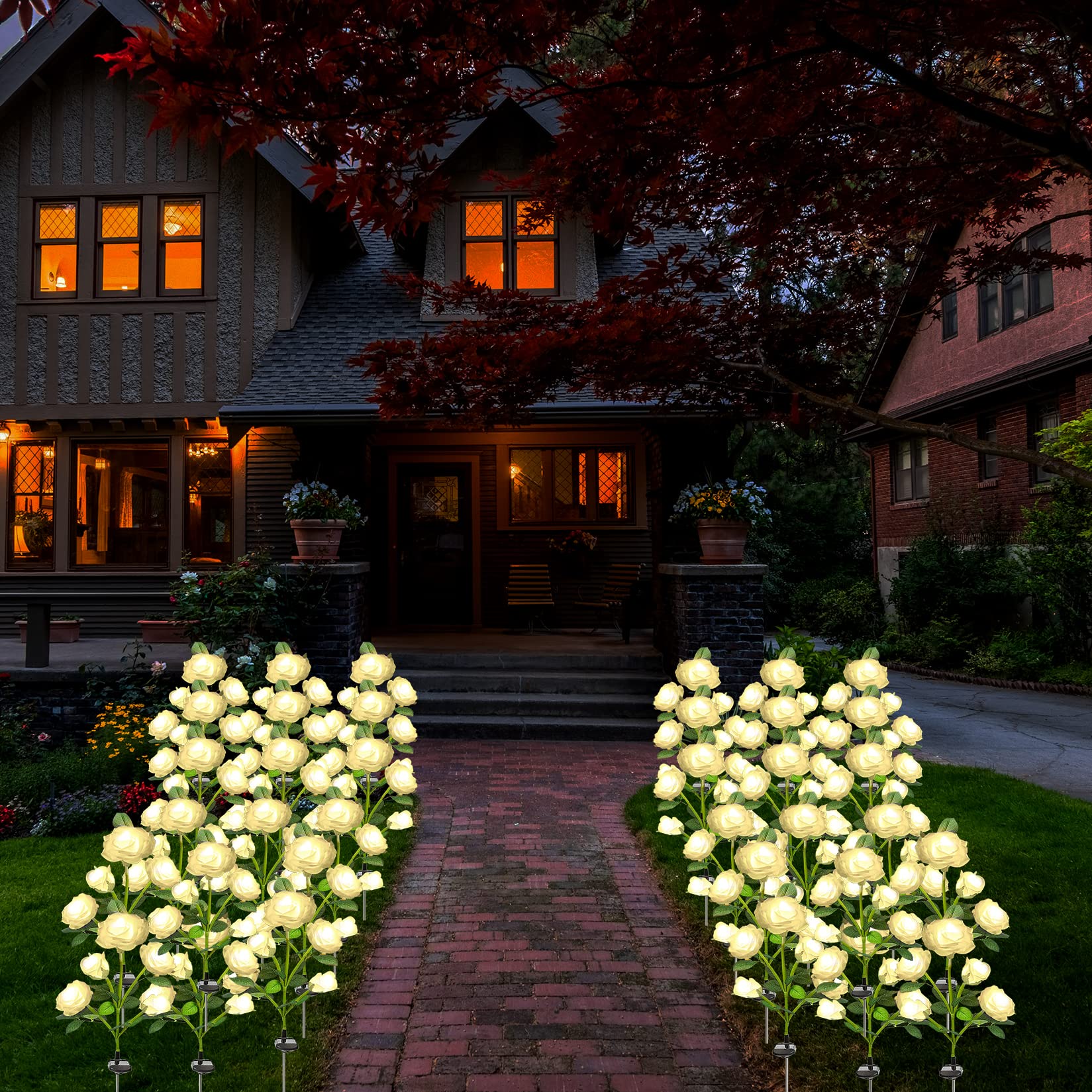 SmilingTown Solar Garden Stake Lights 2 Pack - 10 Rose Flower LED Landscape Path Lights, Waterproof Outdoor Decorative Lighting for Yard, Pathway, Lawn, Cemetery, Courtyard | Solar Powered for Nighttime Illumination & Garden Decor