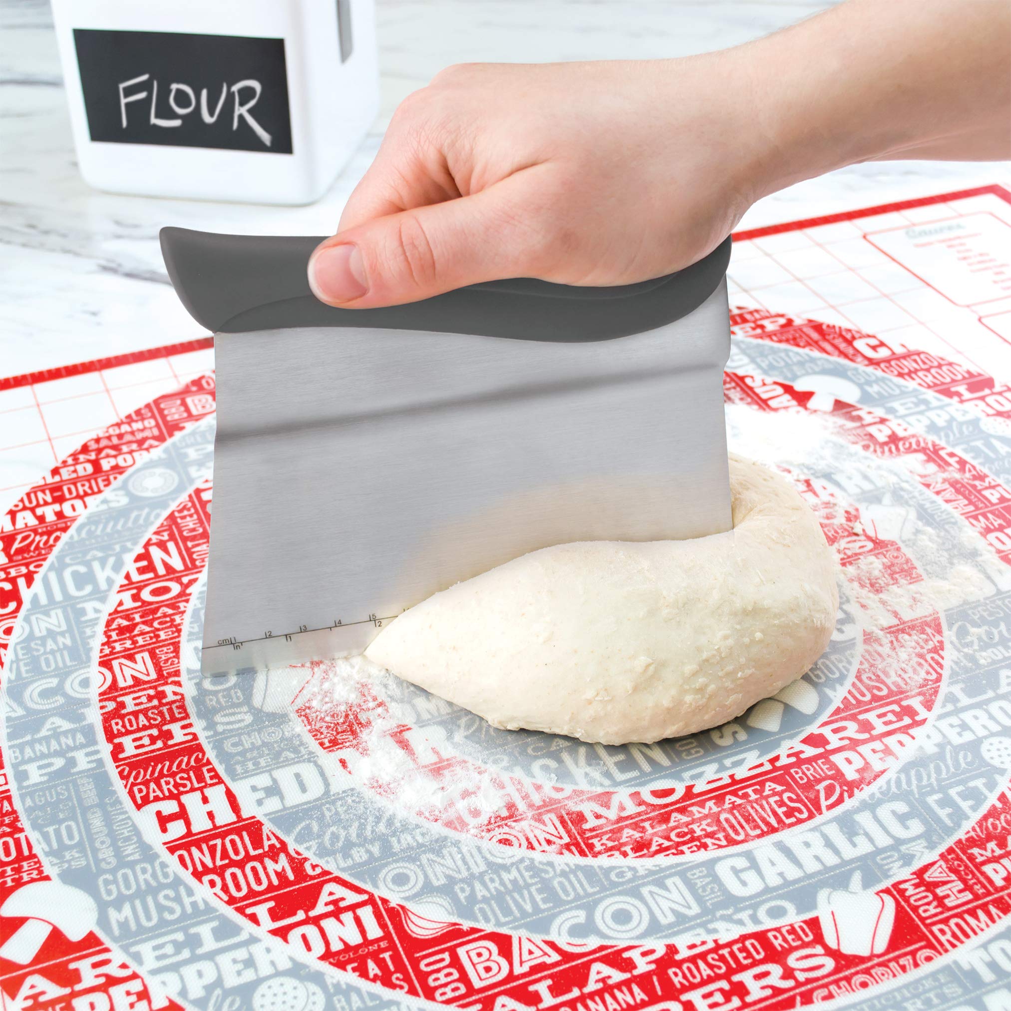 Tovolo Premium Bench Scraper with Measurement Guide - Dough Divider with Offset Blade - Pastry Scraper with Ruler - Ergonomic Baking Tool - Dishwasher Safe & BPA-Free (Charcoal) - Perfect for Bread Making, Pastry Prep & Kitchen Cleaning